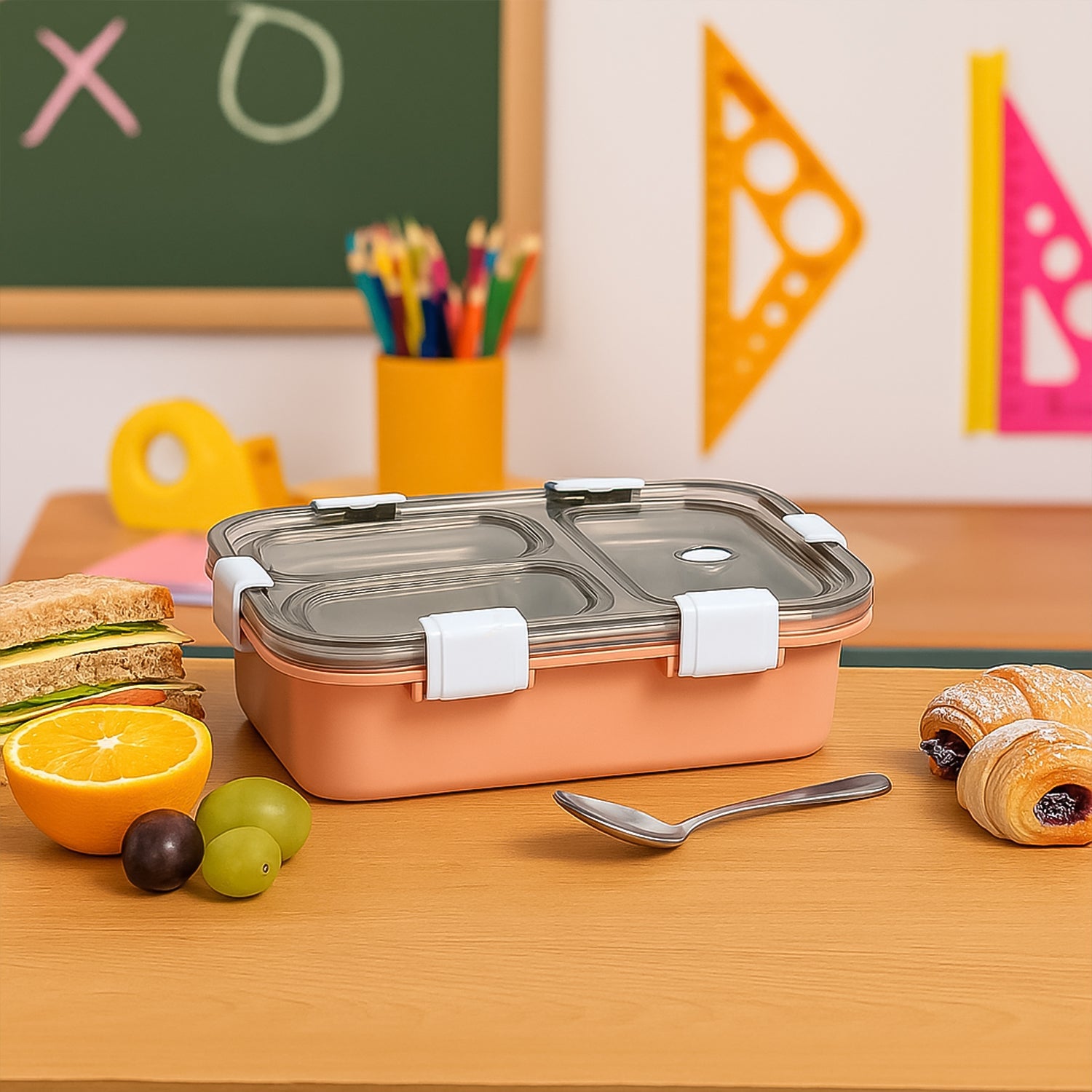 Top view of the 3-compartment lunch box, highlighting its sleek design and dividers.