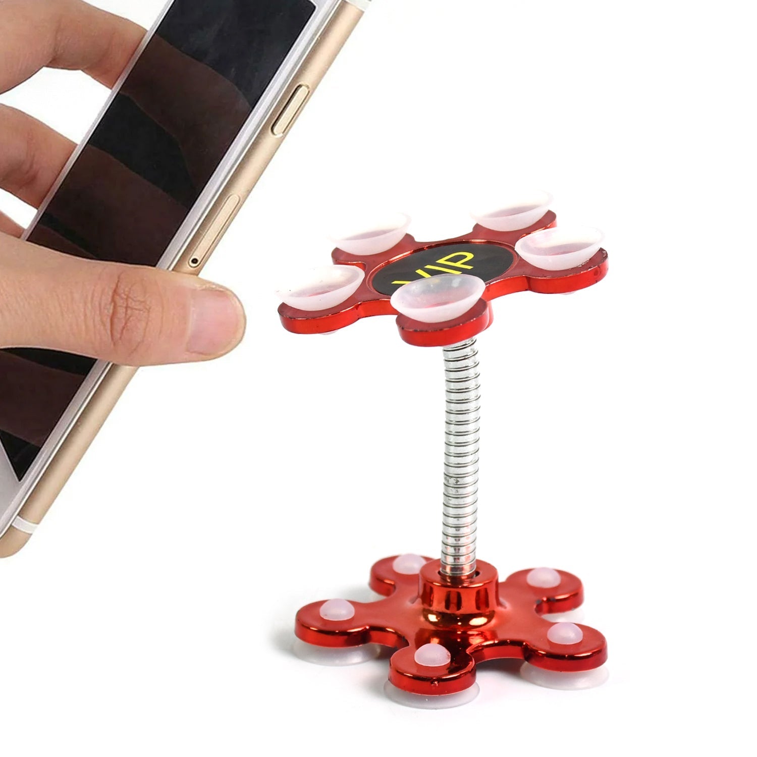 Suction cup mobile stand attached to a car windshield, ready for hands-free use.
