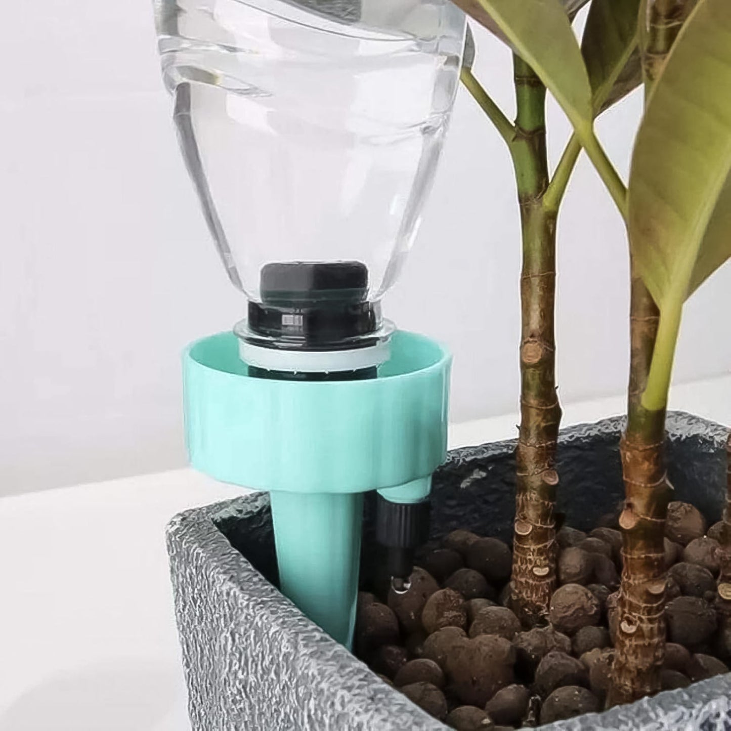 Close-up of a self-watering spike regulating water flow for a plant.