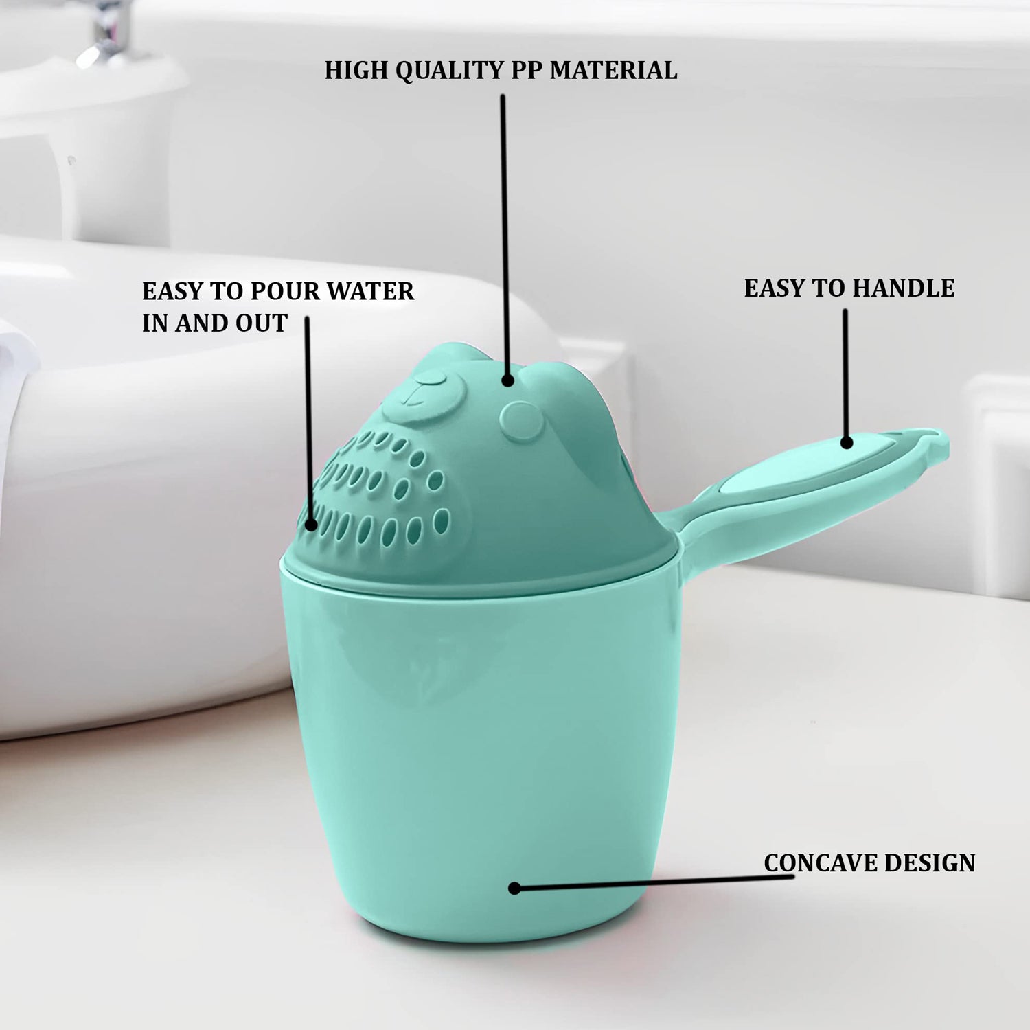 Angled view of the Baby Shampoo Shower Cup, highlighting its curved design for effective water runoff and eye protection.