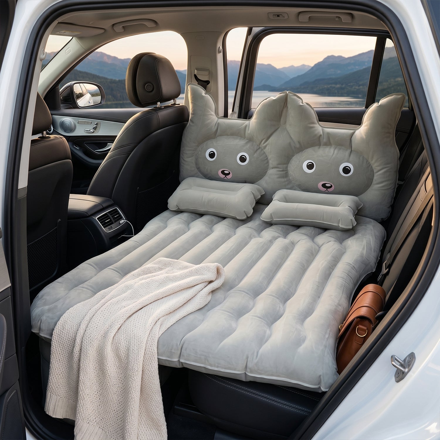 Inflatable car air mattress installed on car back seat for comfort
