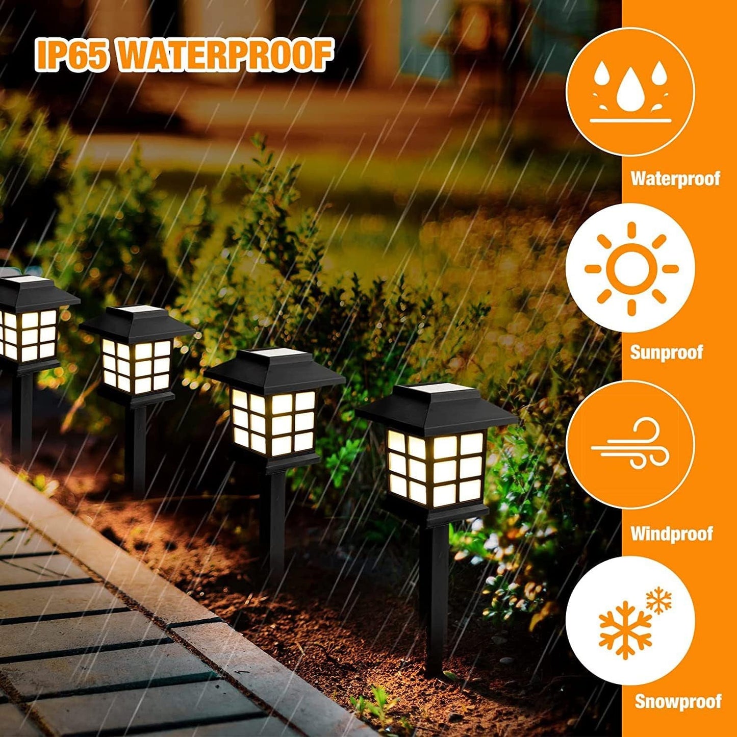 Two solar pathway lights installed along a garden path, casting warm light.