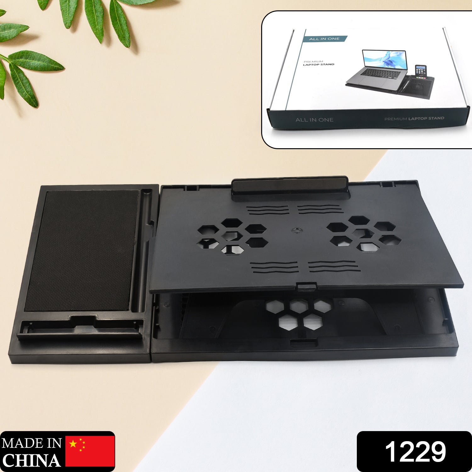 Side view of a portable foldable laptop stand with adjustable angles.