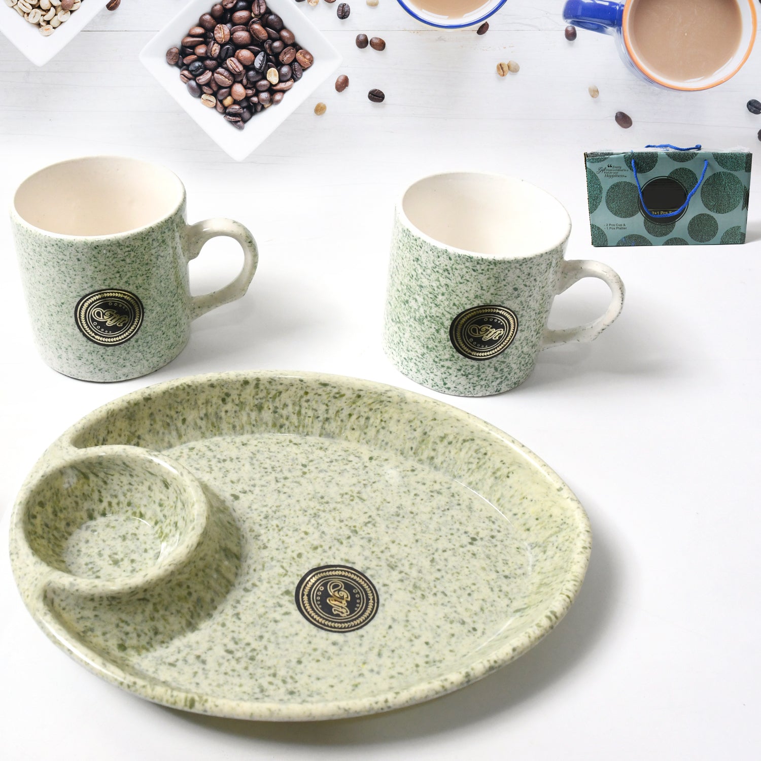 Alpino ceramic tea and coffee cup set with a two-compartment BPA-free serving platter.