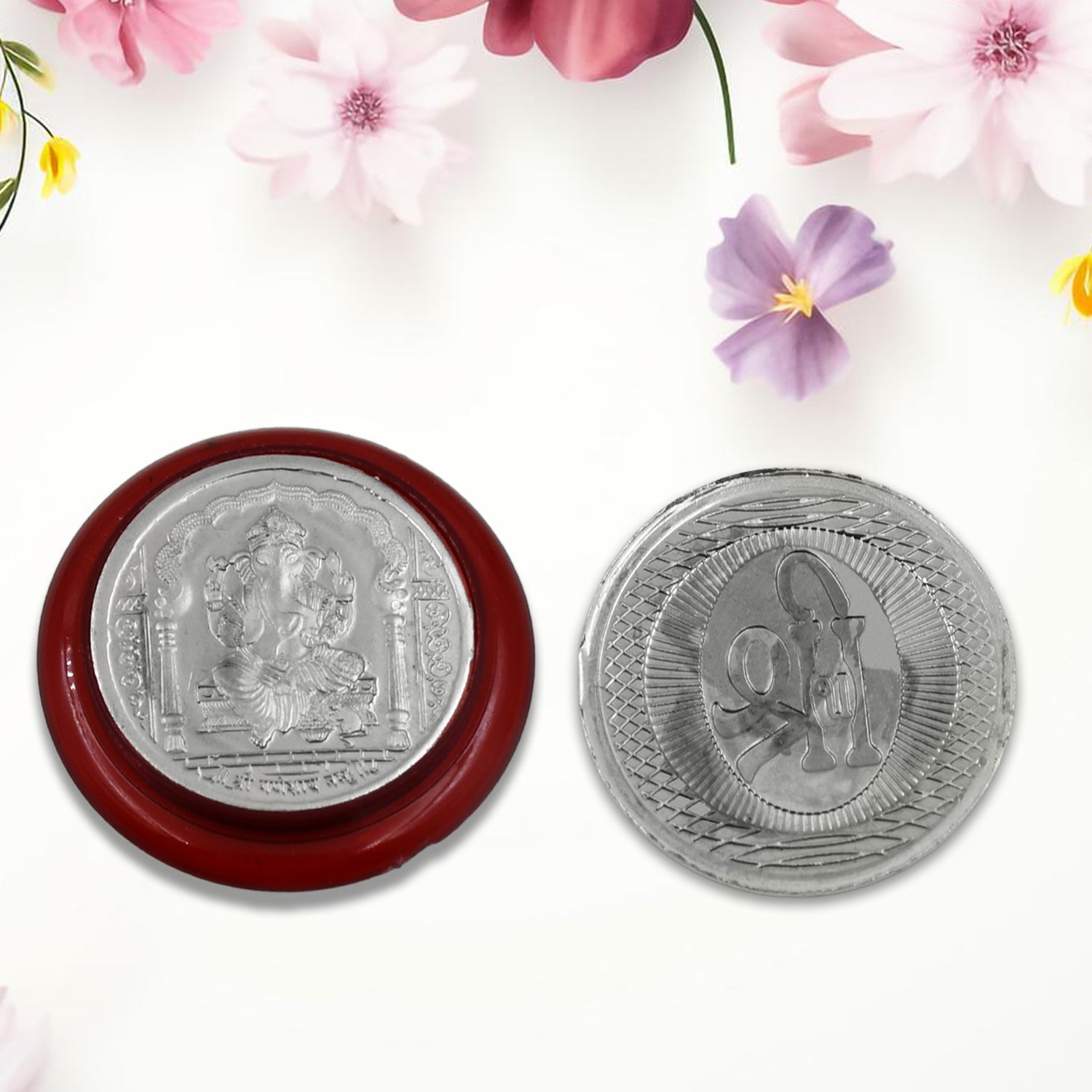 Side view of the round Ganesh coin, highlighting its silver-colored finish.