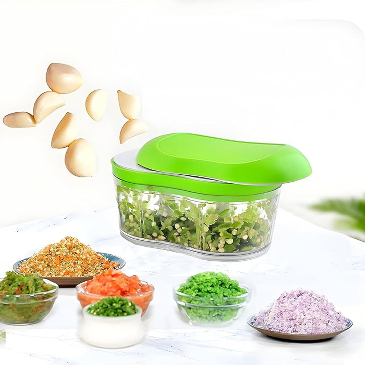 Manual hand push garlic & vegetable chopper chopping fresh herbs