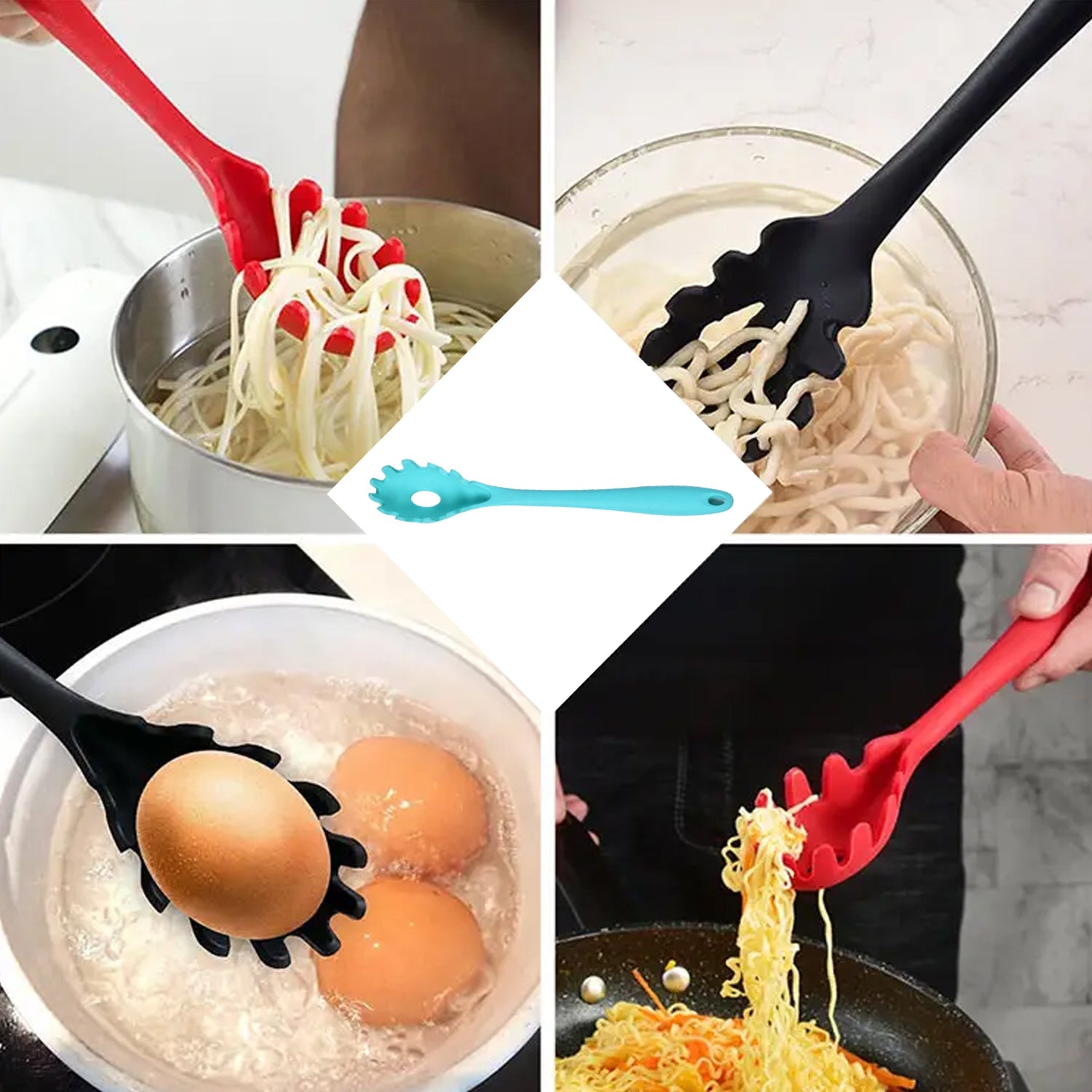Red heat-resistant Pasta Fork, perfect for serving spaghetti and noodles.