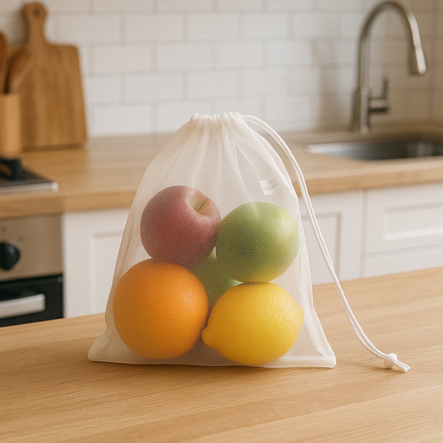 Foldable reusable mesh bag ideal for produce storage and eco-friendly grocery trips