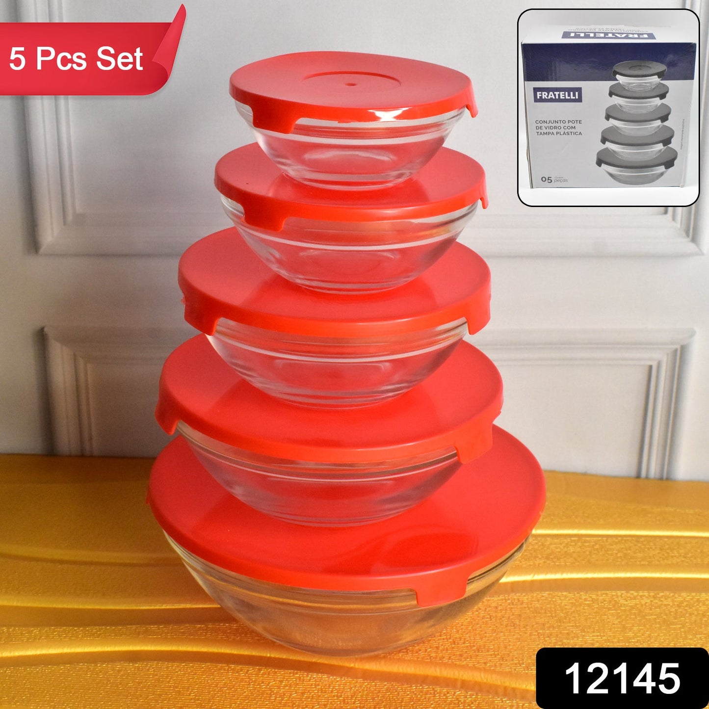 Close-up of the vibrant red airtight lids for the Organivo glass bowl set, highlighting their secure seal.
