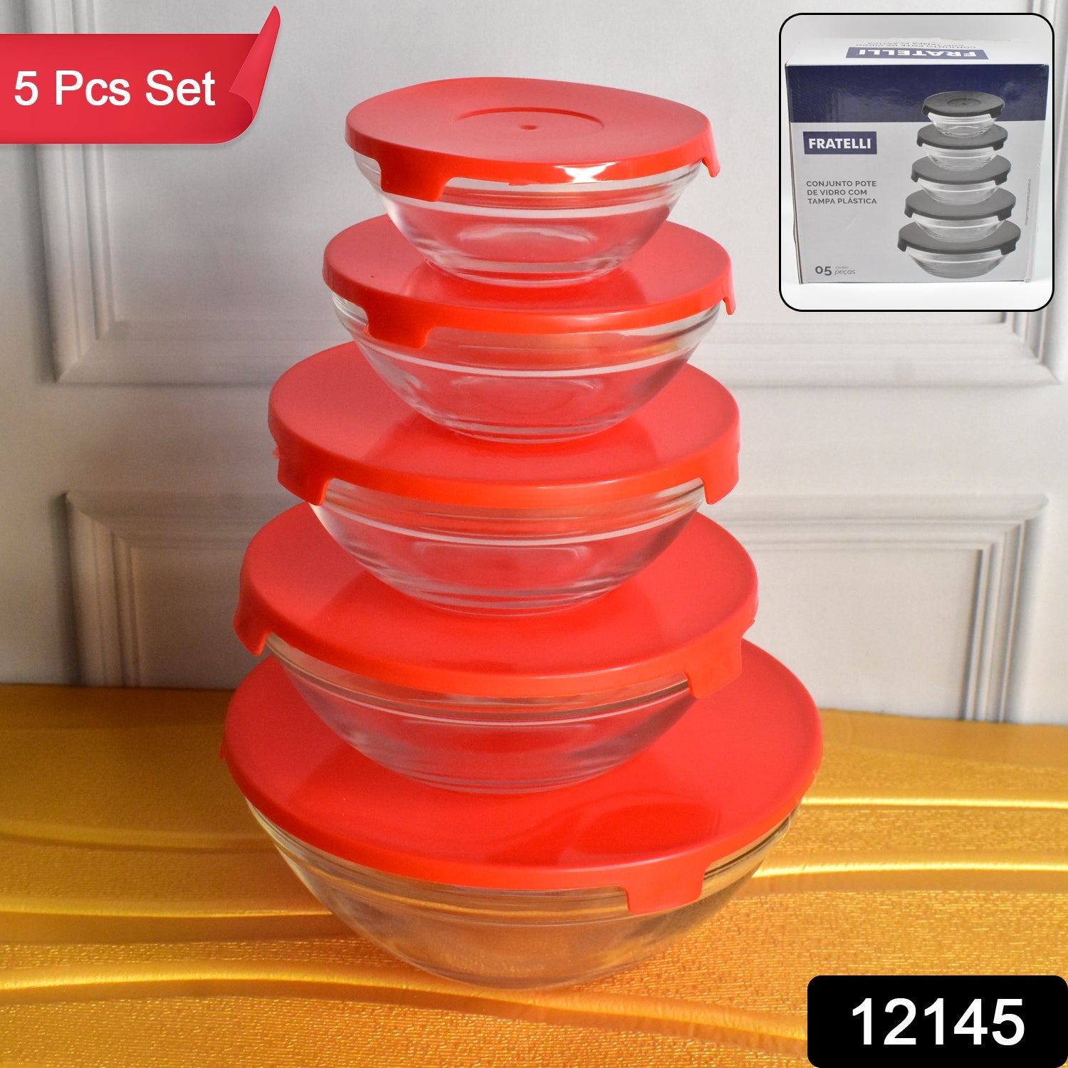 Close-up of the vibrant red airtight lids for the Organivo glass bowl set, highlighting their secure seal.