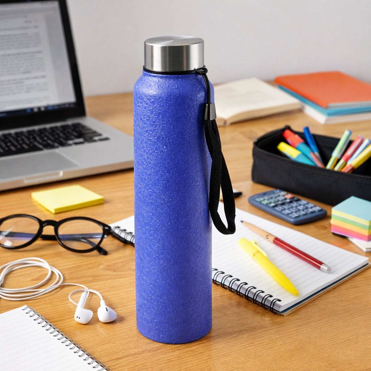Classic blue stainless steel water bottle with secure leakproof screw cap