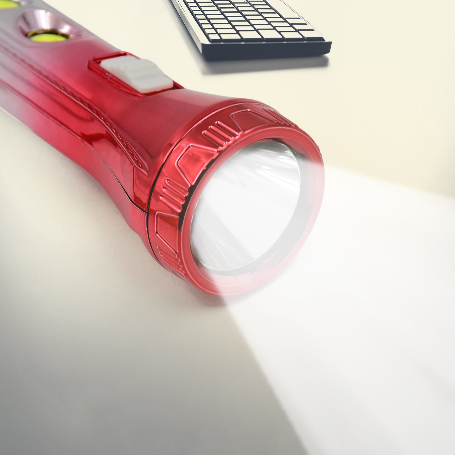Multi-functional LED flashlight with easy-to-access power button.