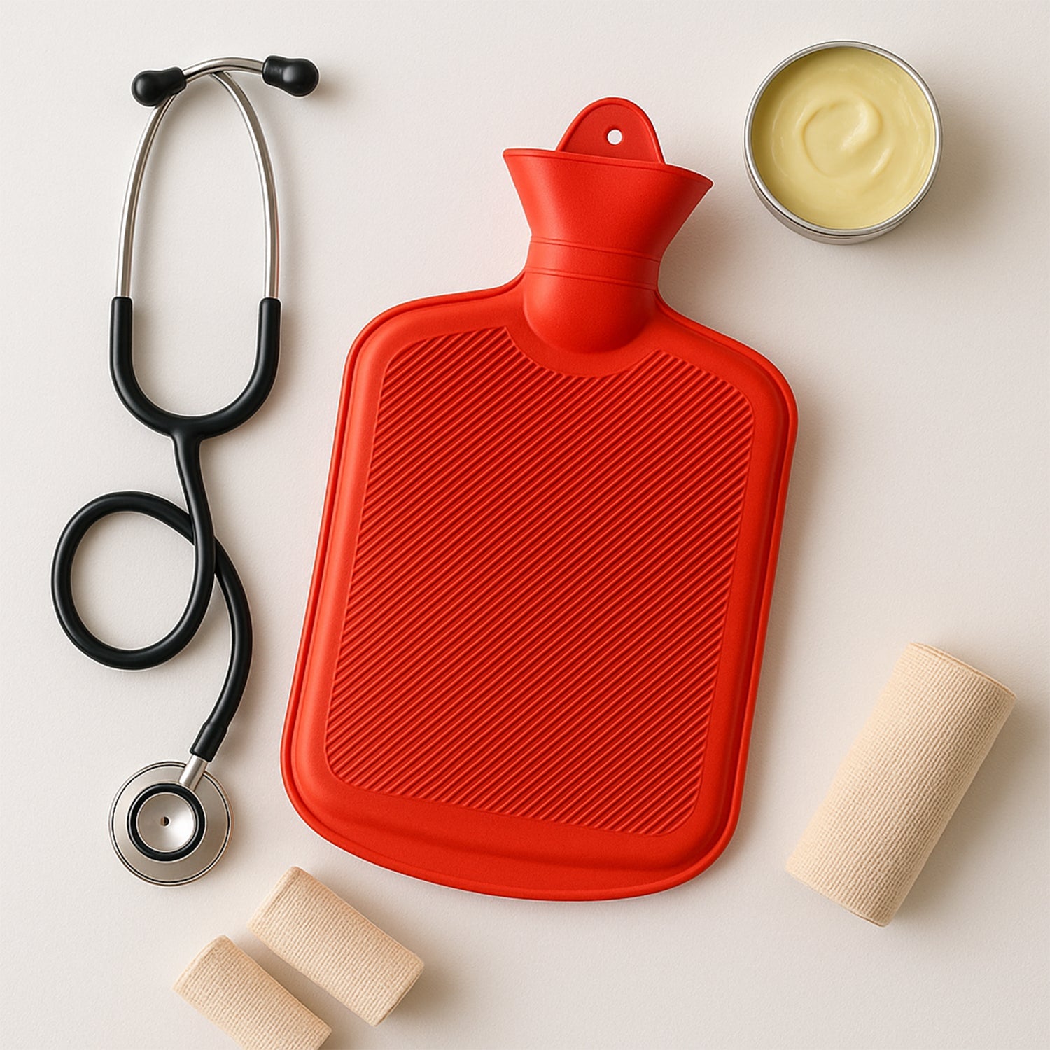 Leak-proof rubber hot water bag with secure screw cap.