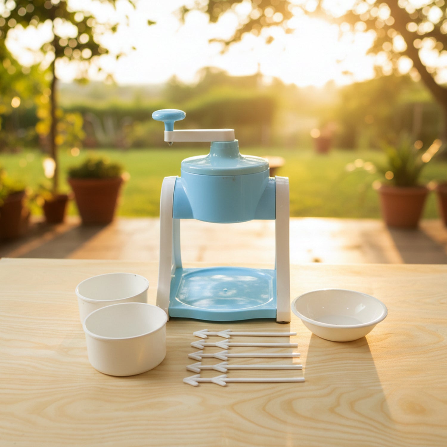 Manual ice gola maker with blue body used for crushing ice cubes to make slush