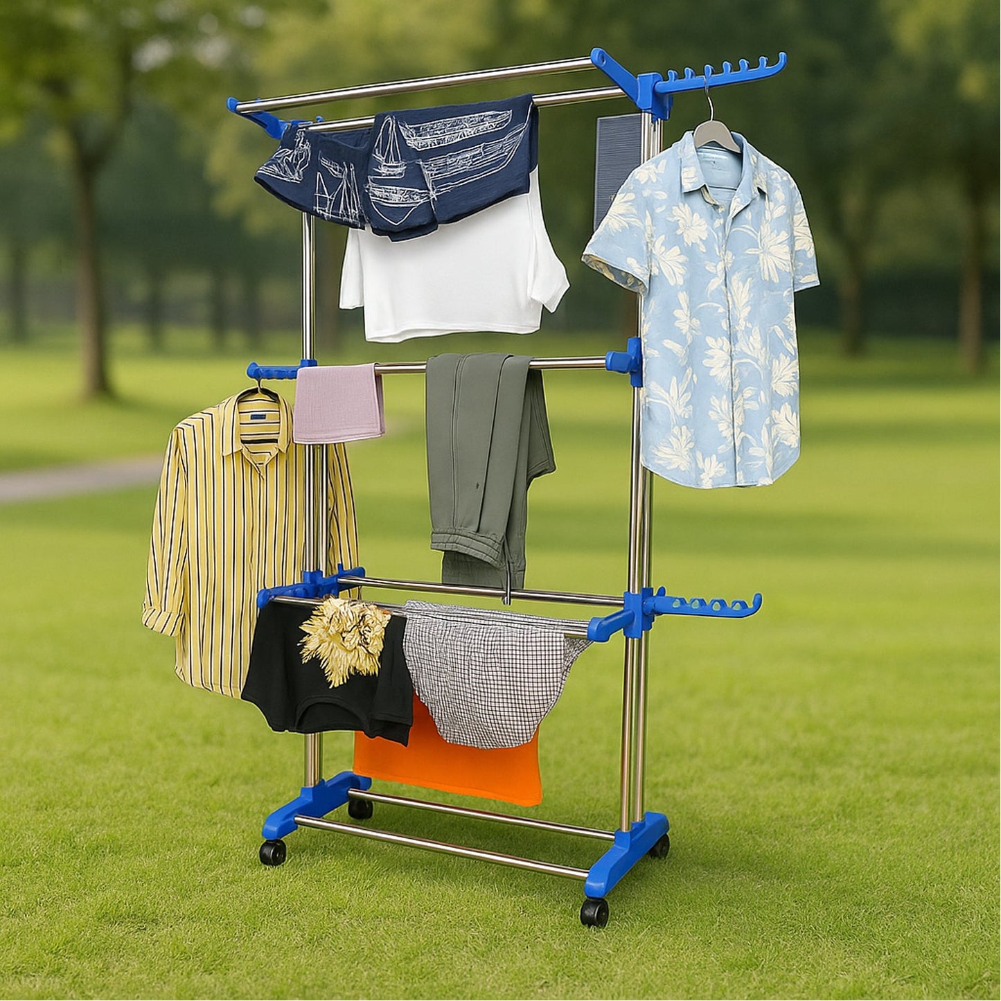 Stainless steel clothes drying rack in use with shirts and trousers drying