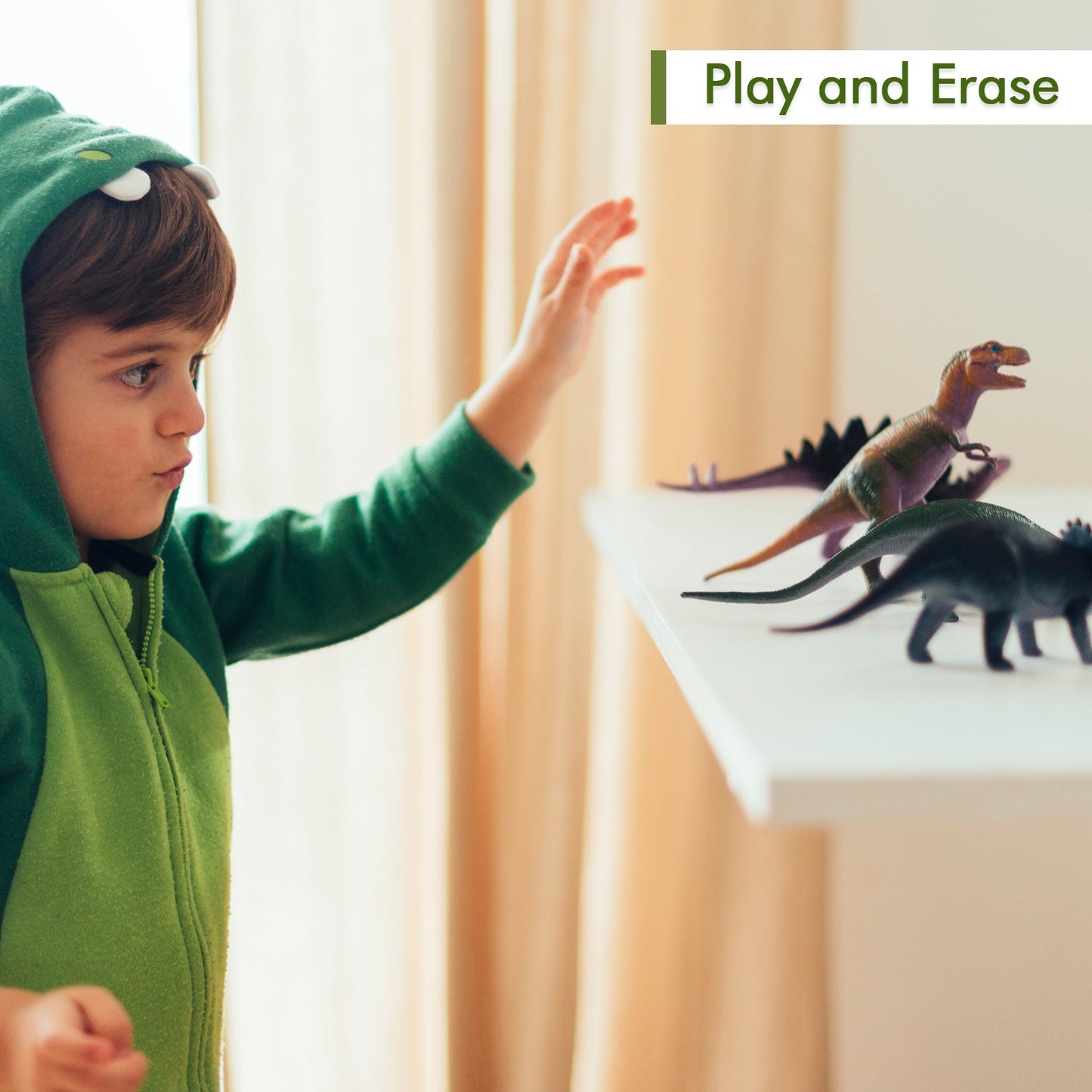 Brightly colored dinosaur erasers displayed as imaginative desk toys for kids.