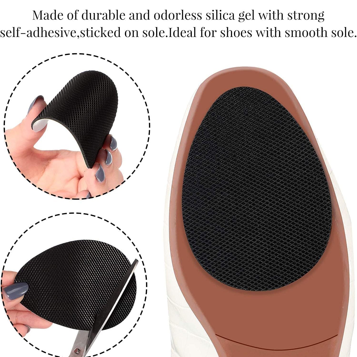 Hand demonstrating the easy application of anti-slip shoe stickers onto a high heel's sole.