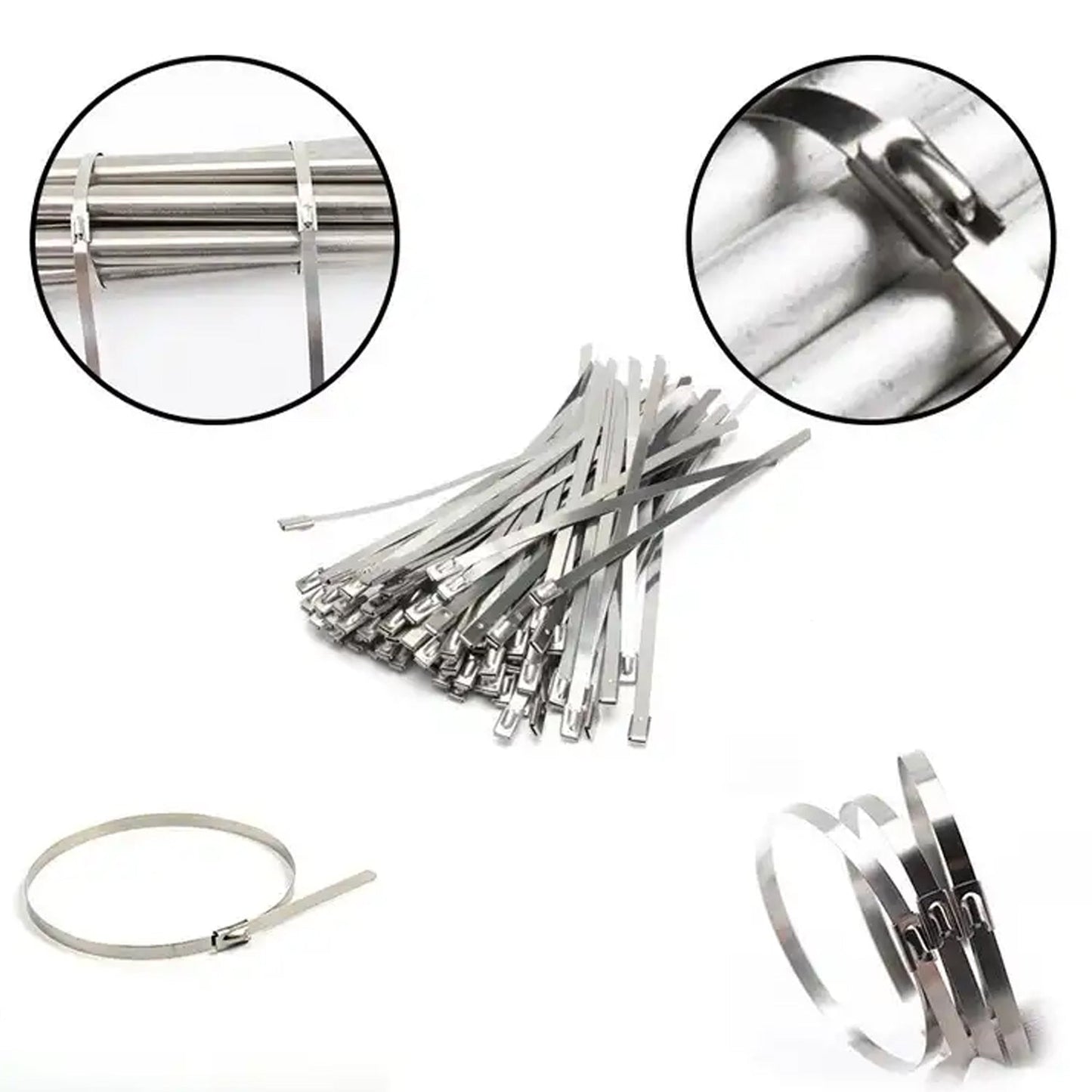 Stainless steel cable ties securing pipes, demonstrating their versatility for home improvement tasks.