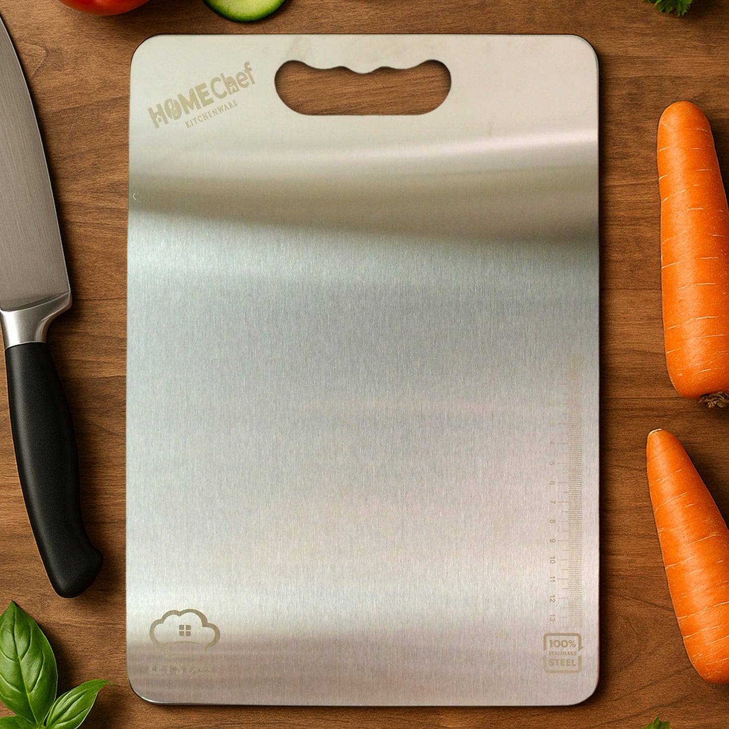 Gleam metallic finish stainless steel cutting board with convenient handle