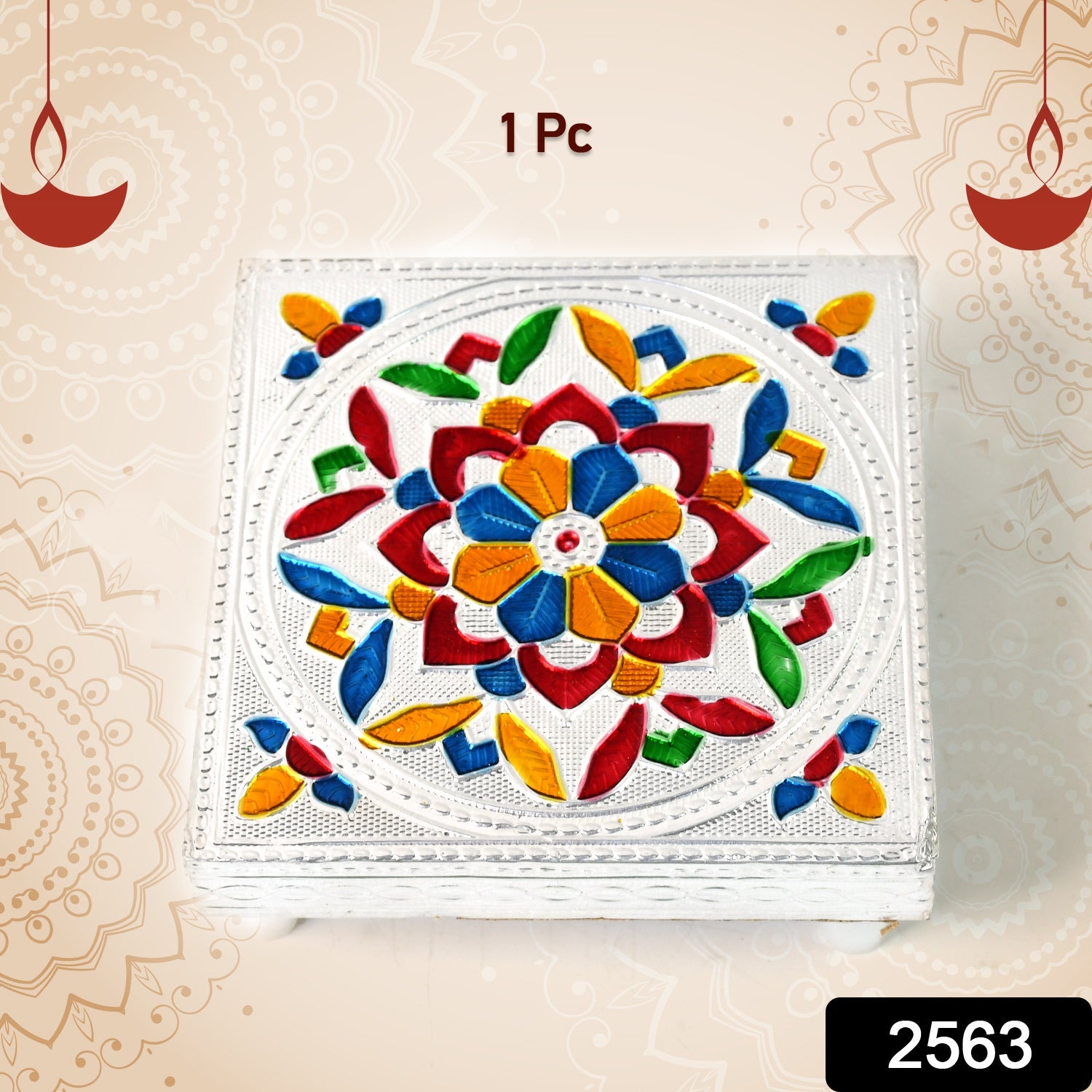 Close-up of the detailed Meenakari artwork on the side of the handmade wooden chowki.
