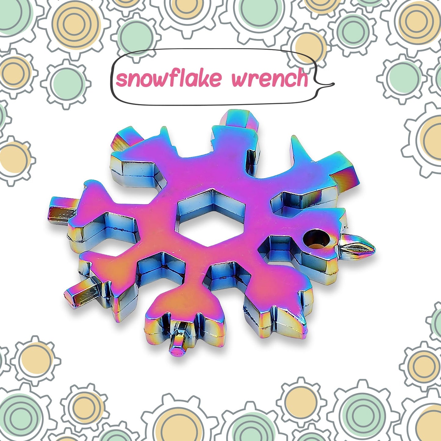 Close-up of the 18-in-1 Snowflake Multi-Tool, highlighting its various integrated wrench and screwdriver functions.