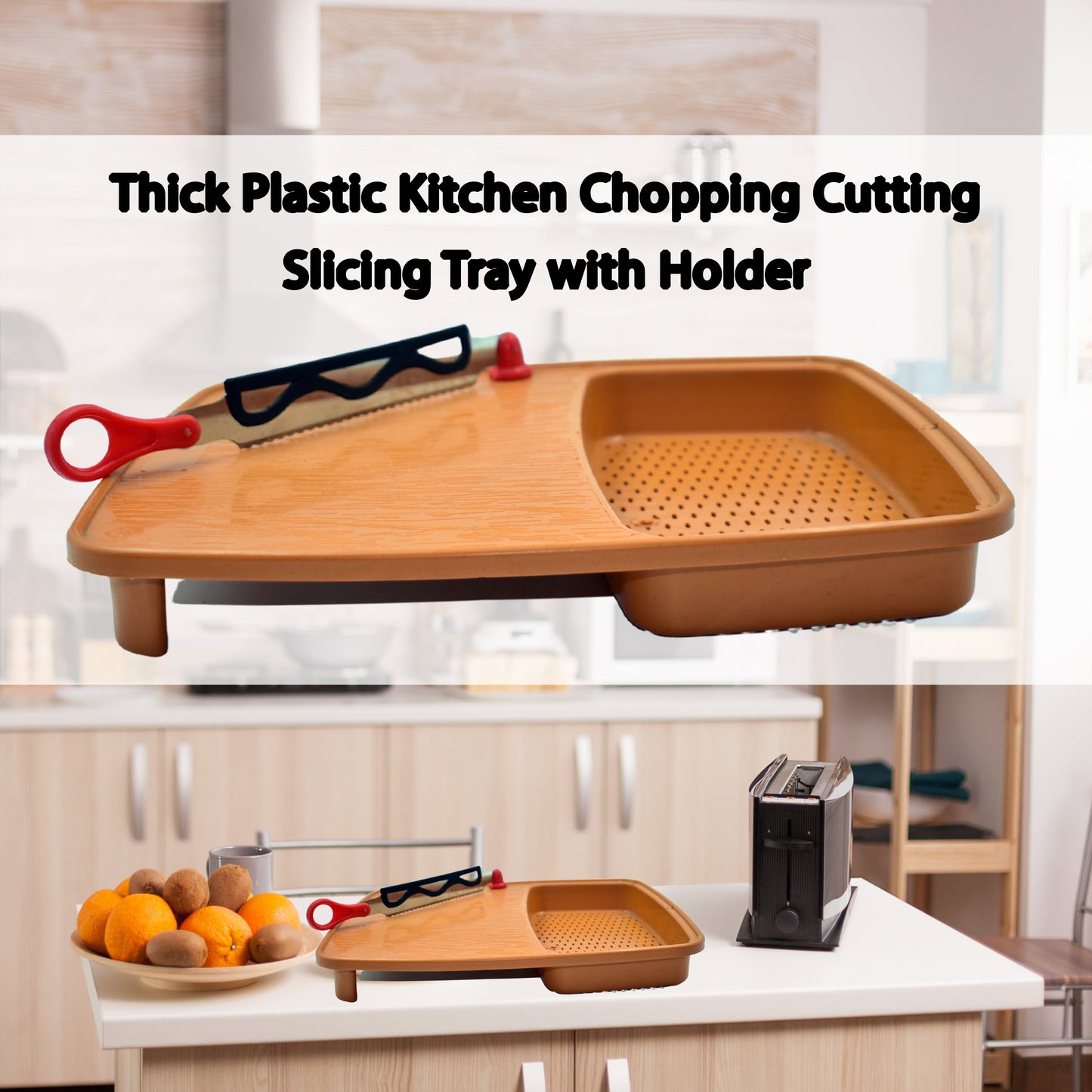 Plastic chopping board with a corner holder, ideal for collecting sliced vegetables.