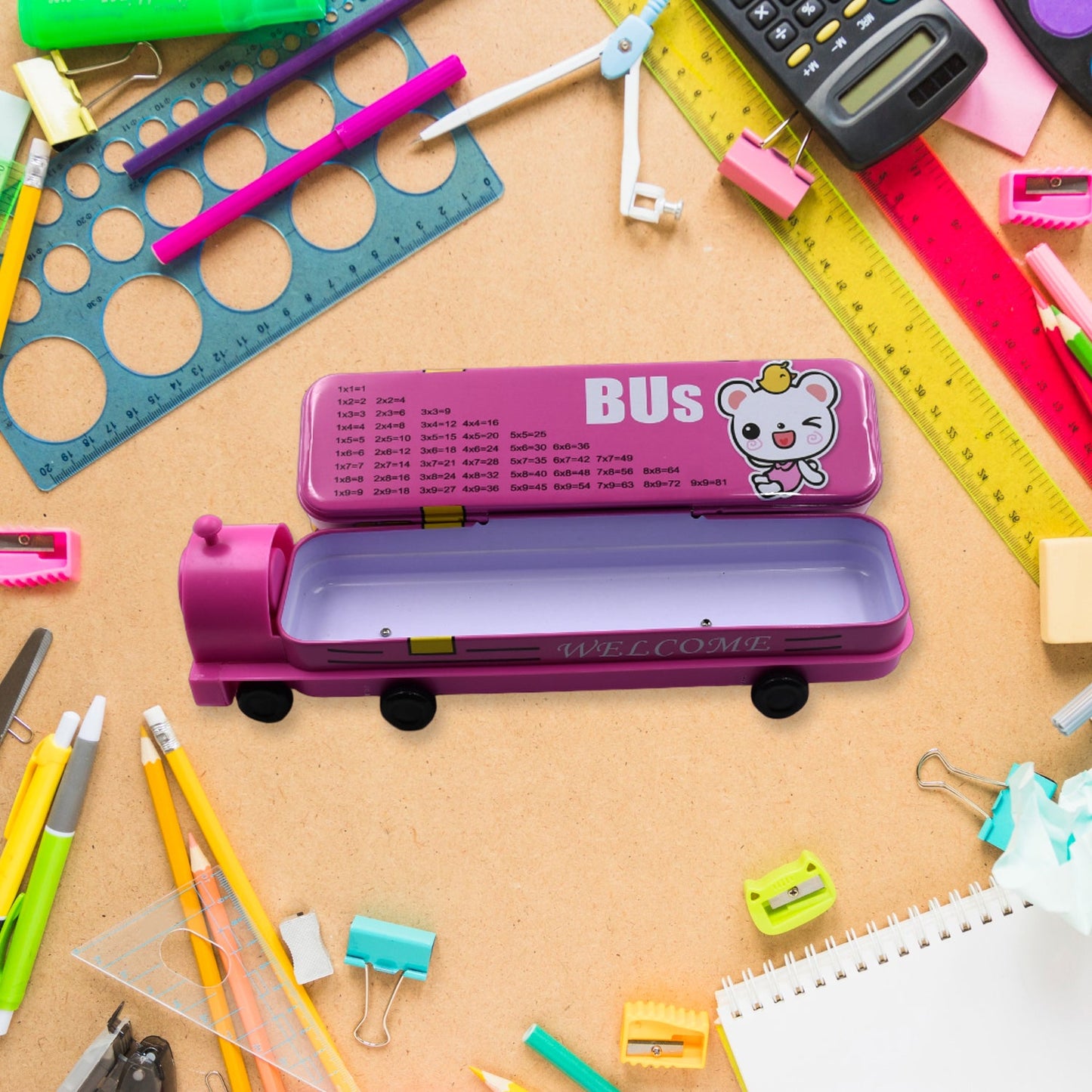 Playful metal bus pencil case with movable wheels, perfect for school-going children.