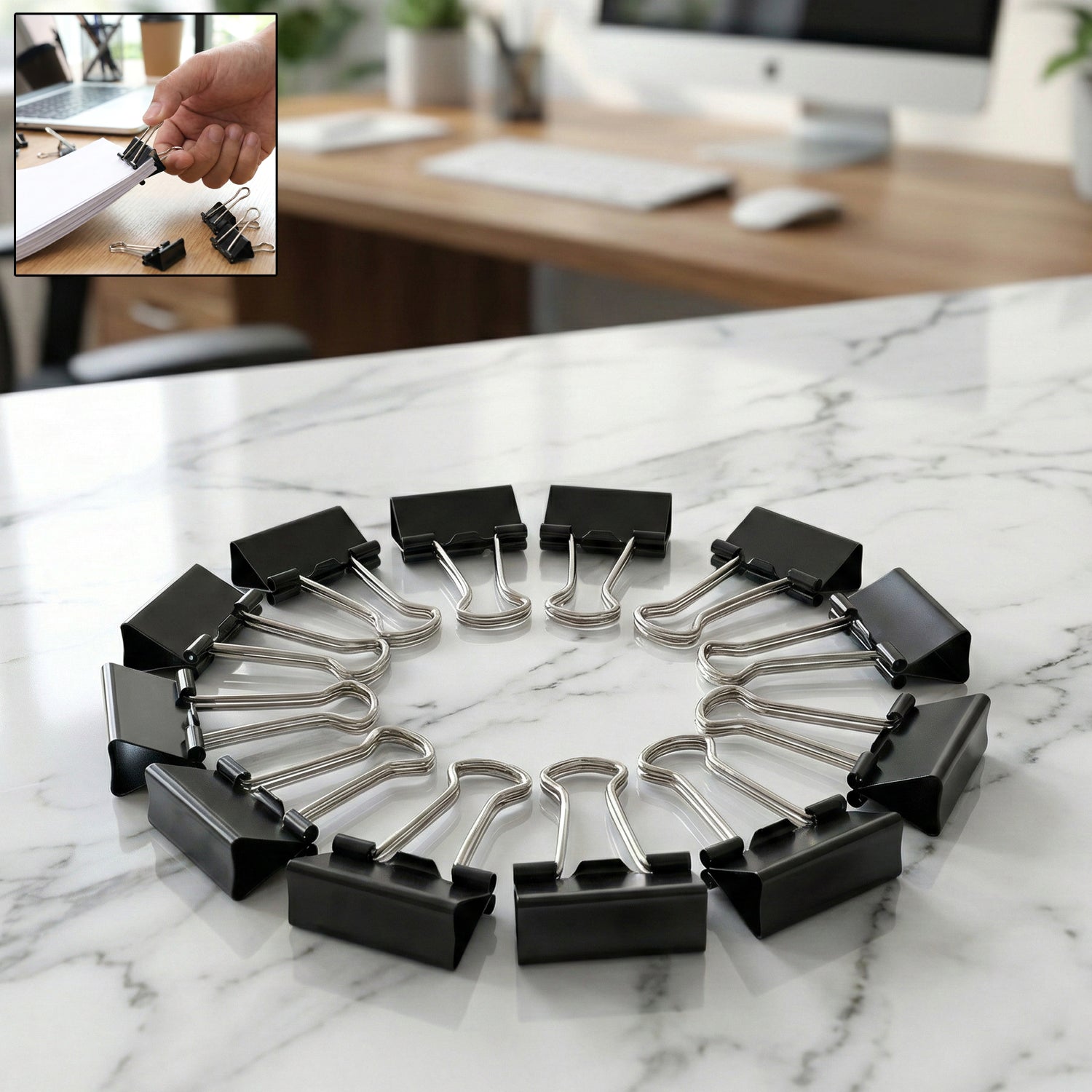 Set of 12 heavy duty black metal binder clips 25mm for thick papers