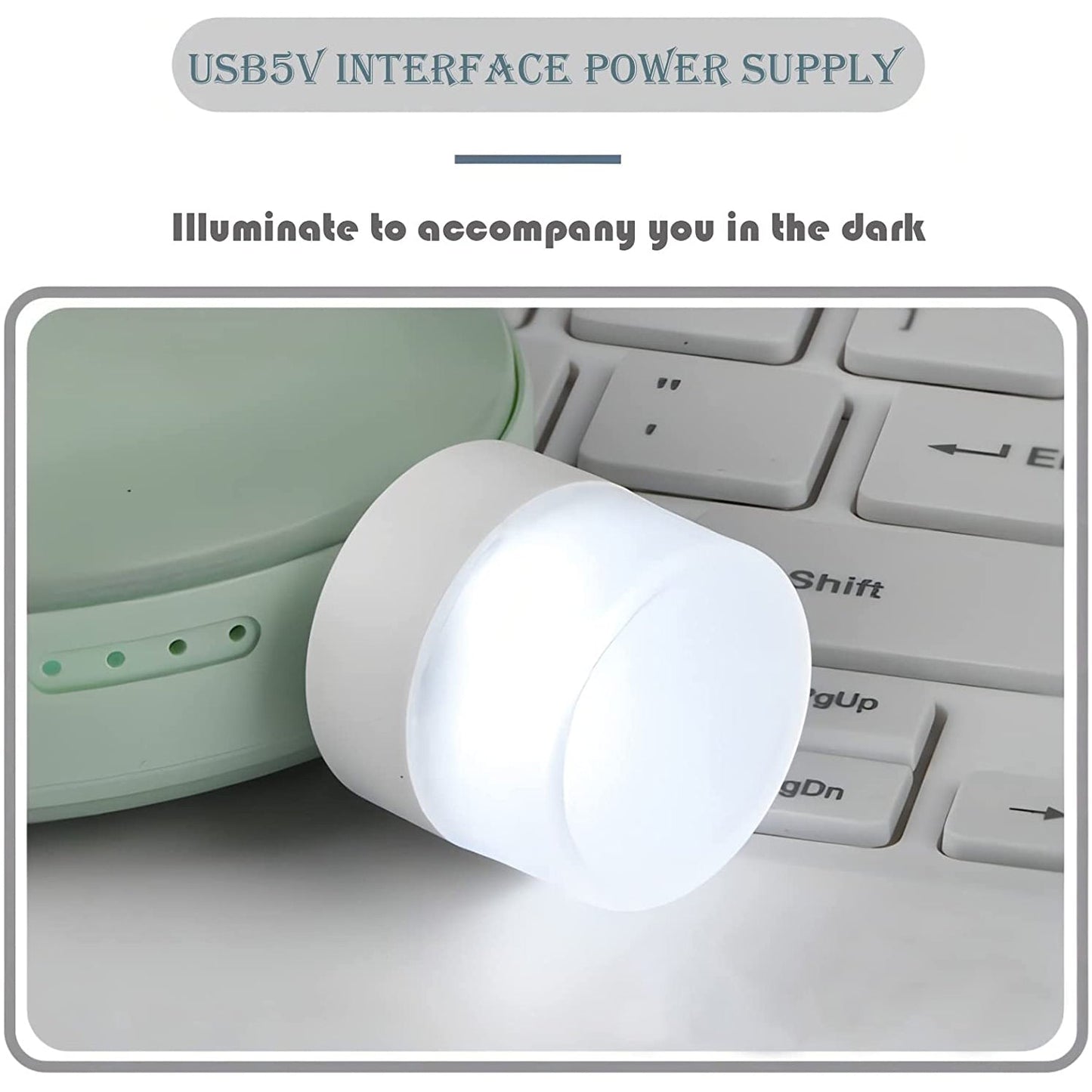 Close-up of a compact USB bulb emitting bright white light for room illumination.