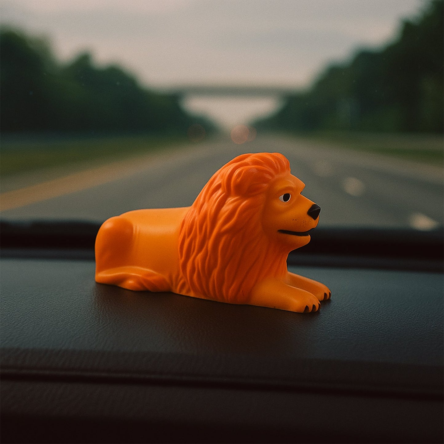 Lion car dashboard toy displayed on a car interior surface