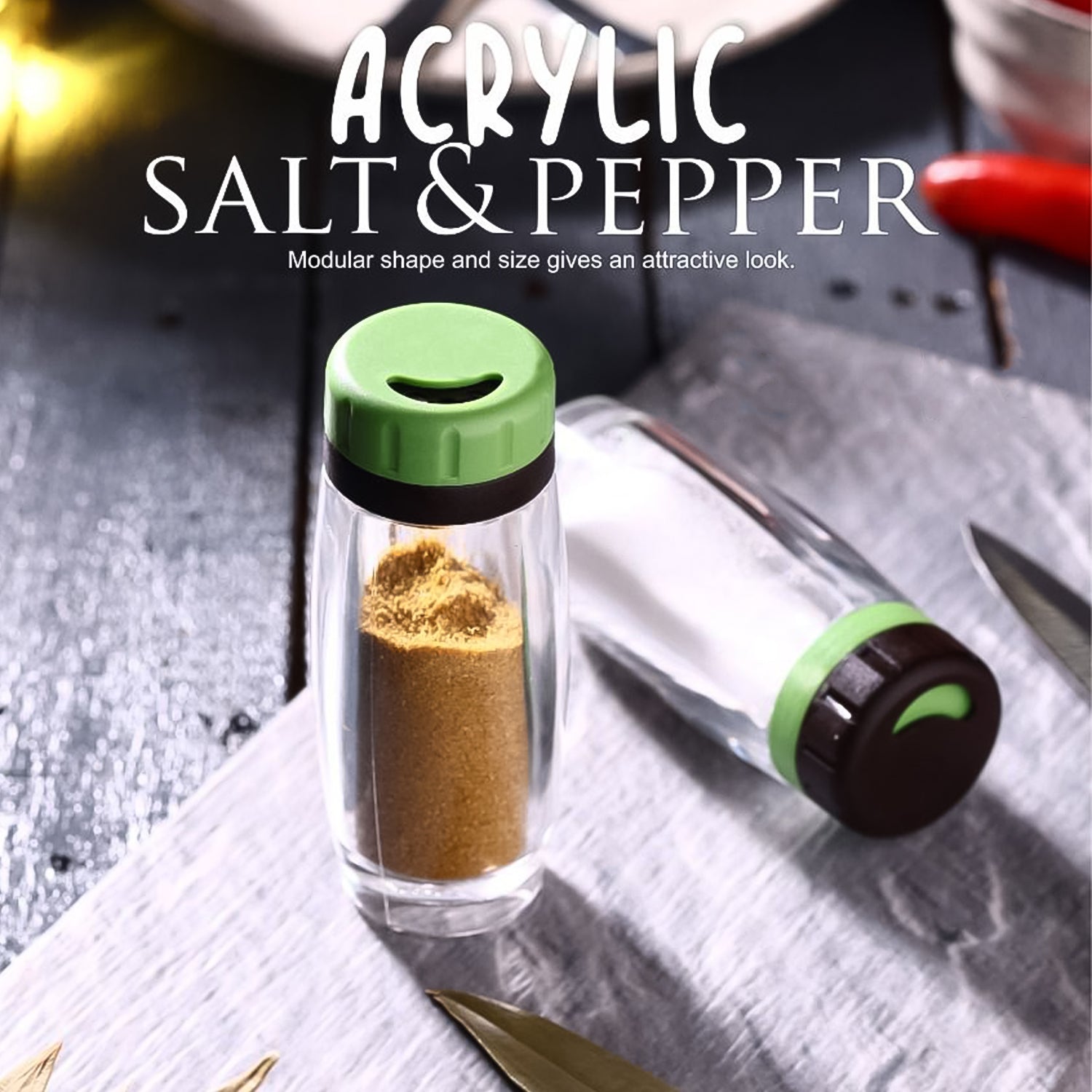 Compact and sleek design of Apex acrylic salt and pepper shaker set of two