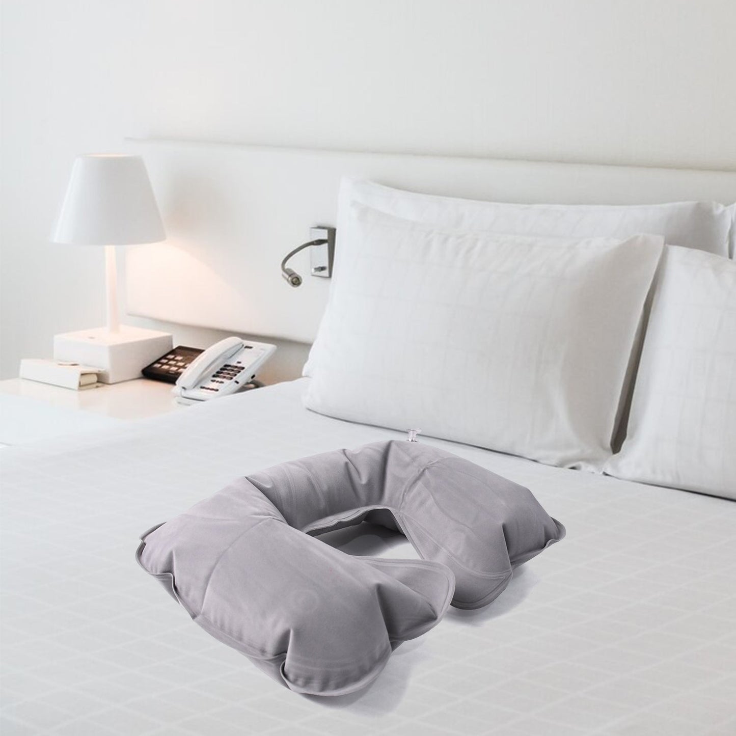 Lifestyle image using inflatable U-shape travel pillow