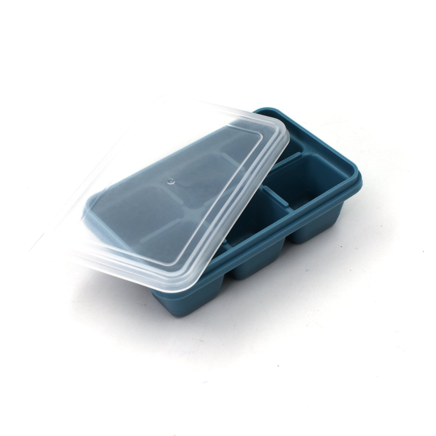 Side view of the blue silicone ice tray, emphasizing its durable construction.