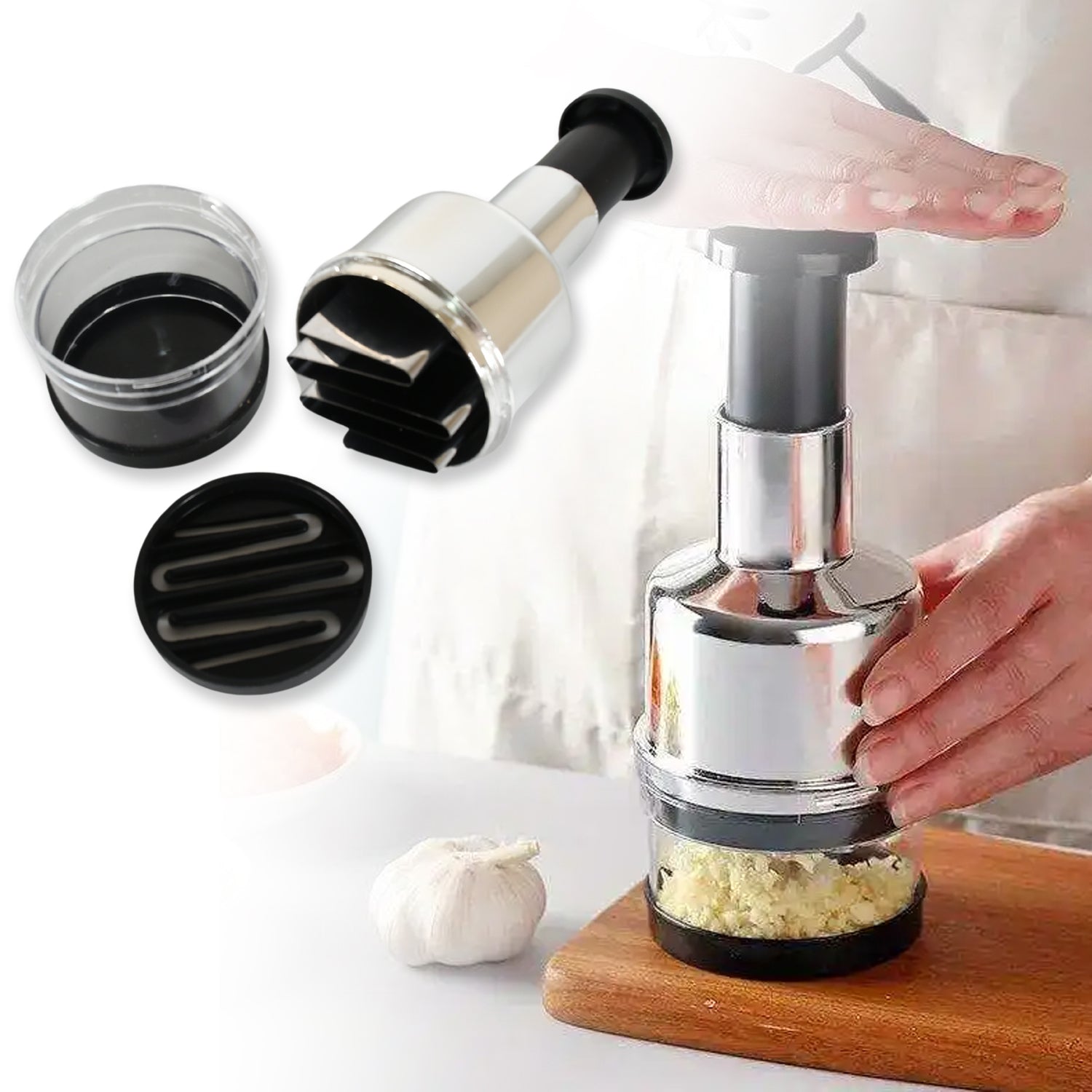 CookAura Stainless Steel Vegetable Chopper in action, slicing various vegetables.