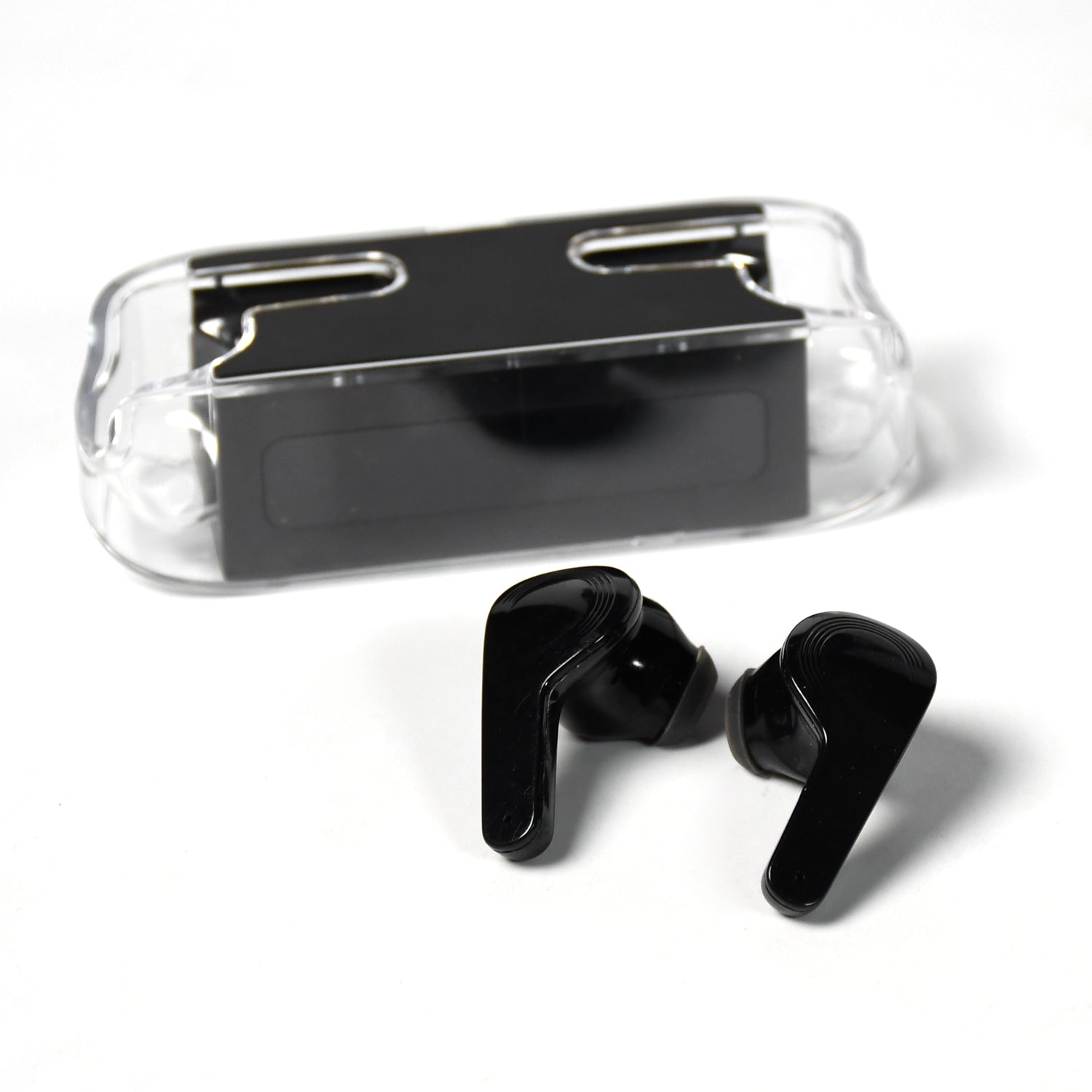 Sleek black M12 Max Bluetooth Earbuds, ready for seamless wireless connectivity.