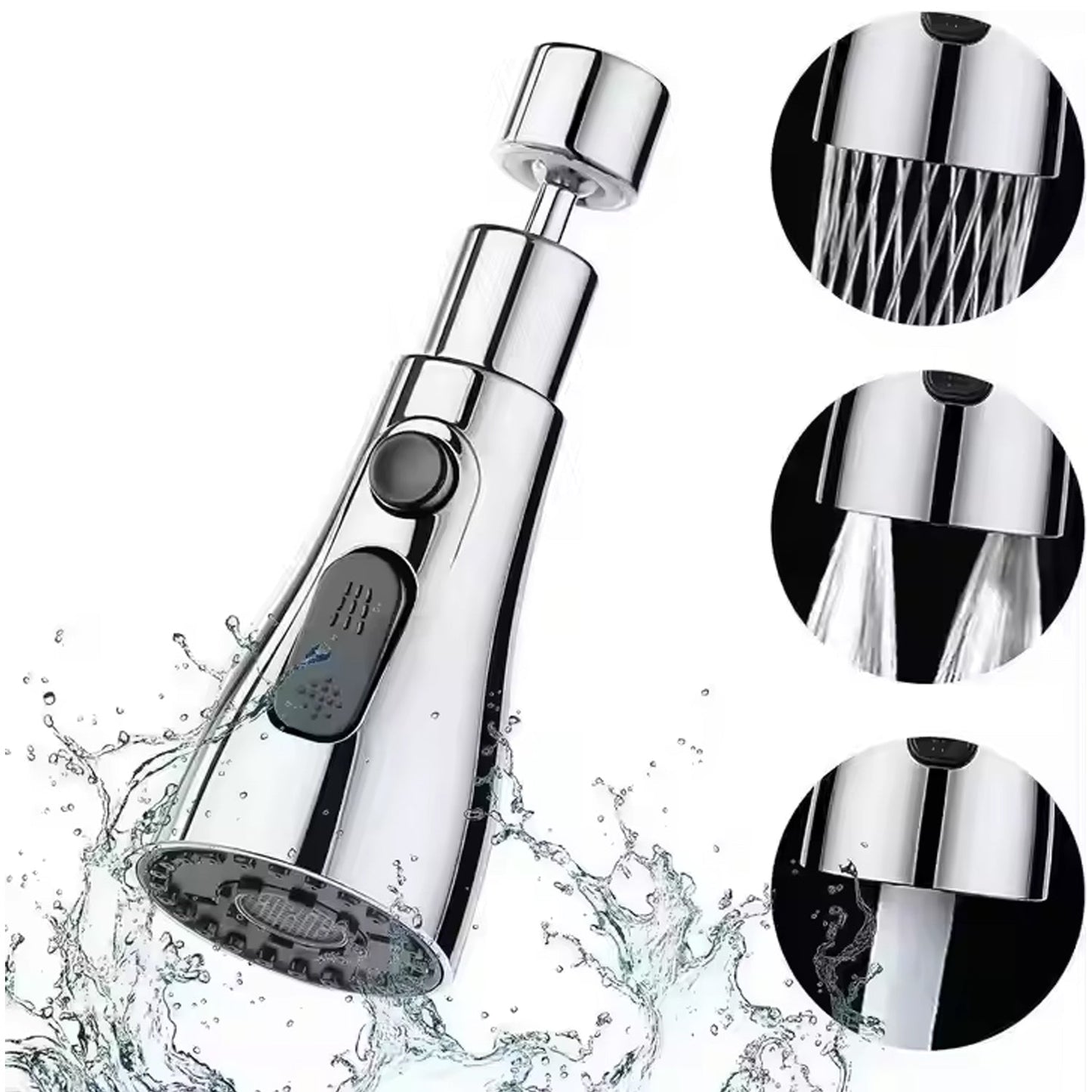 Kitchen faucet sprayer showing three spray functions in a modern sink.