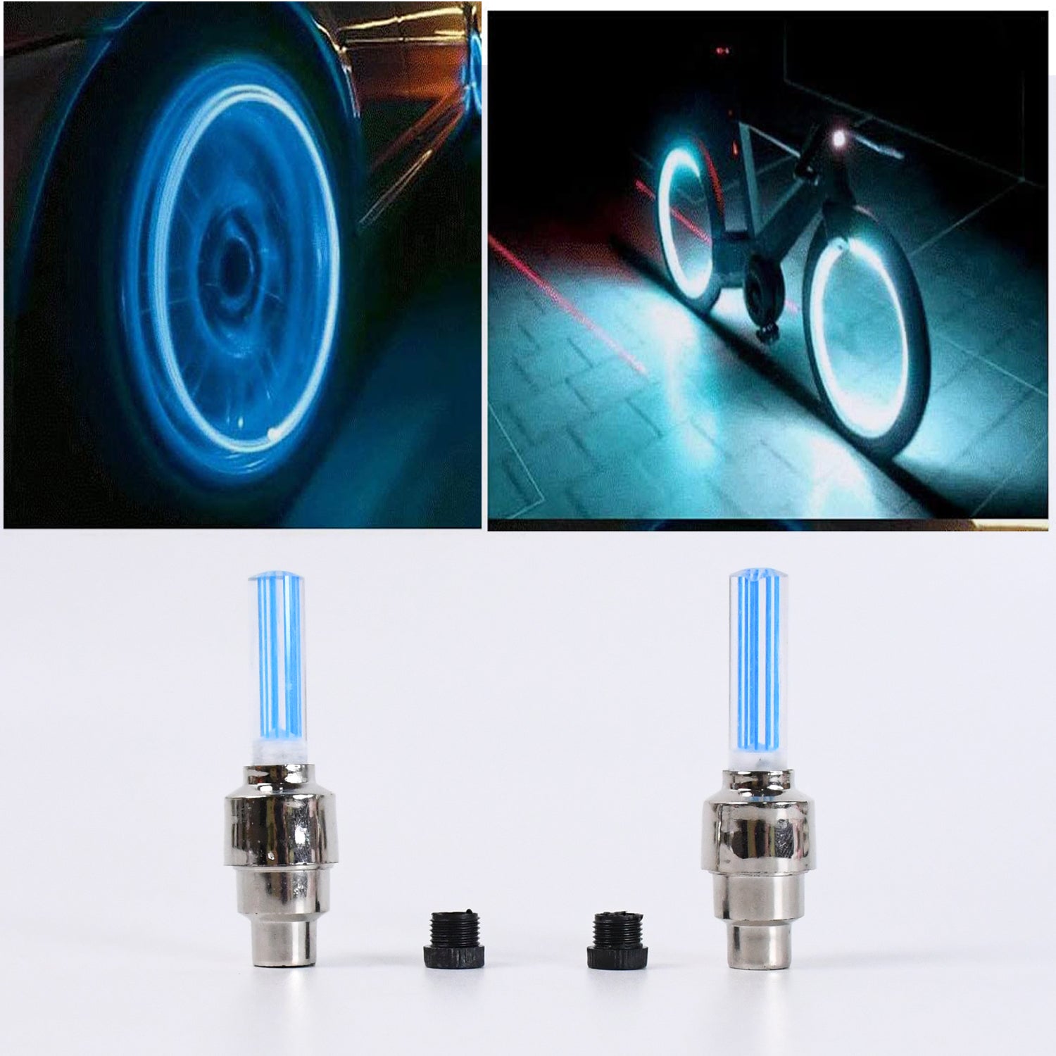 Close-up of glowing mixed-color LED tire valve caps on a vehicle wheel.