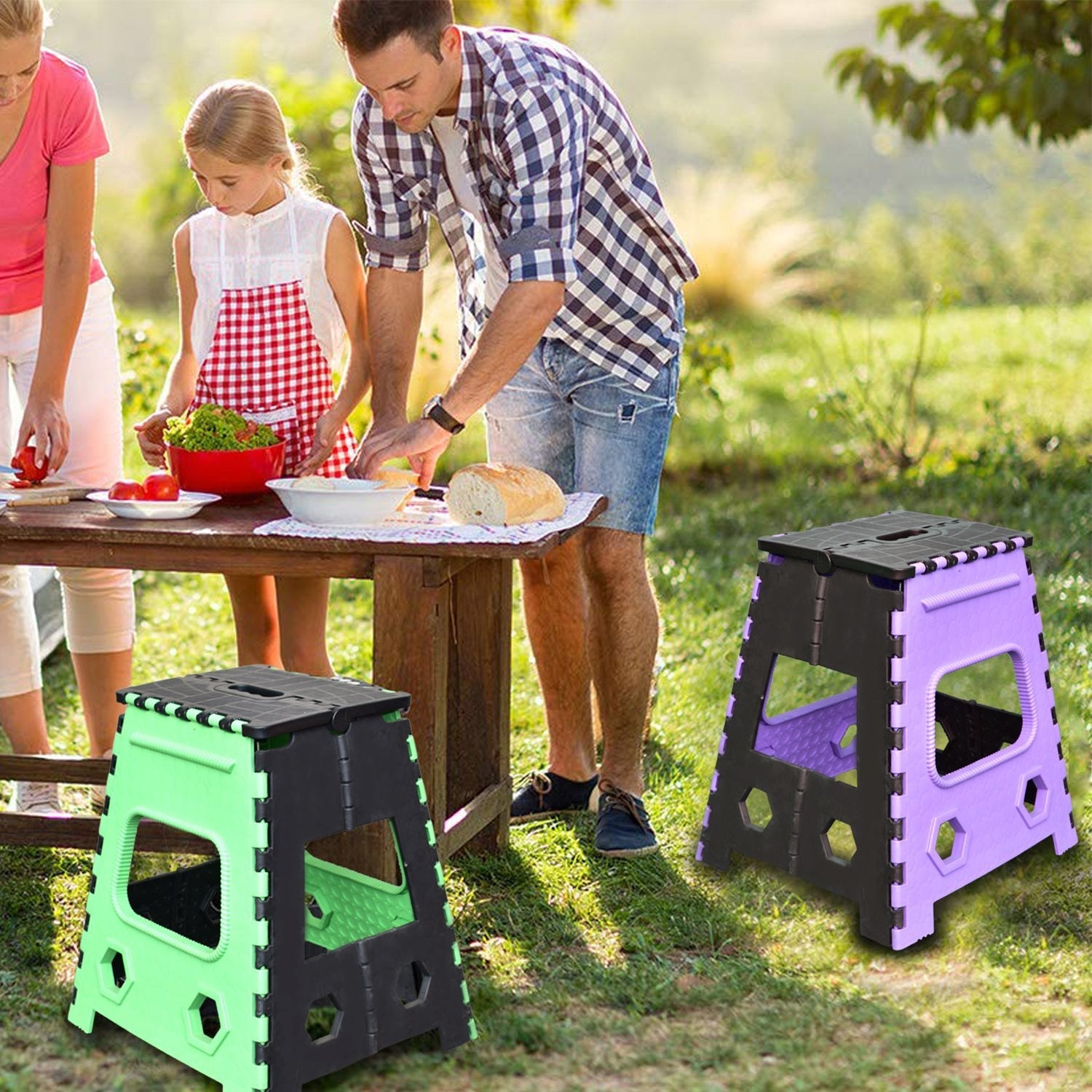 Brown 18-inch folding stool shown in its flat, collapsed state for easy storage.