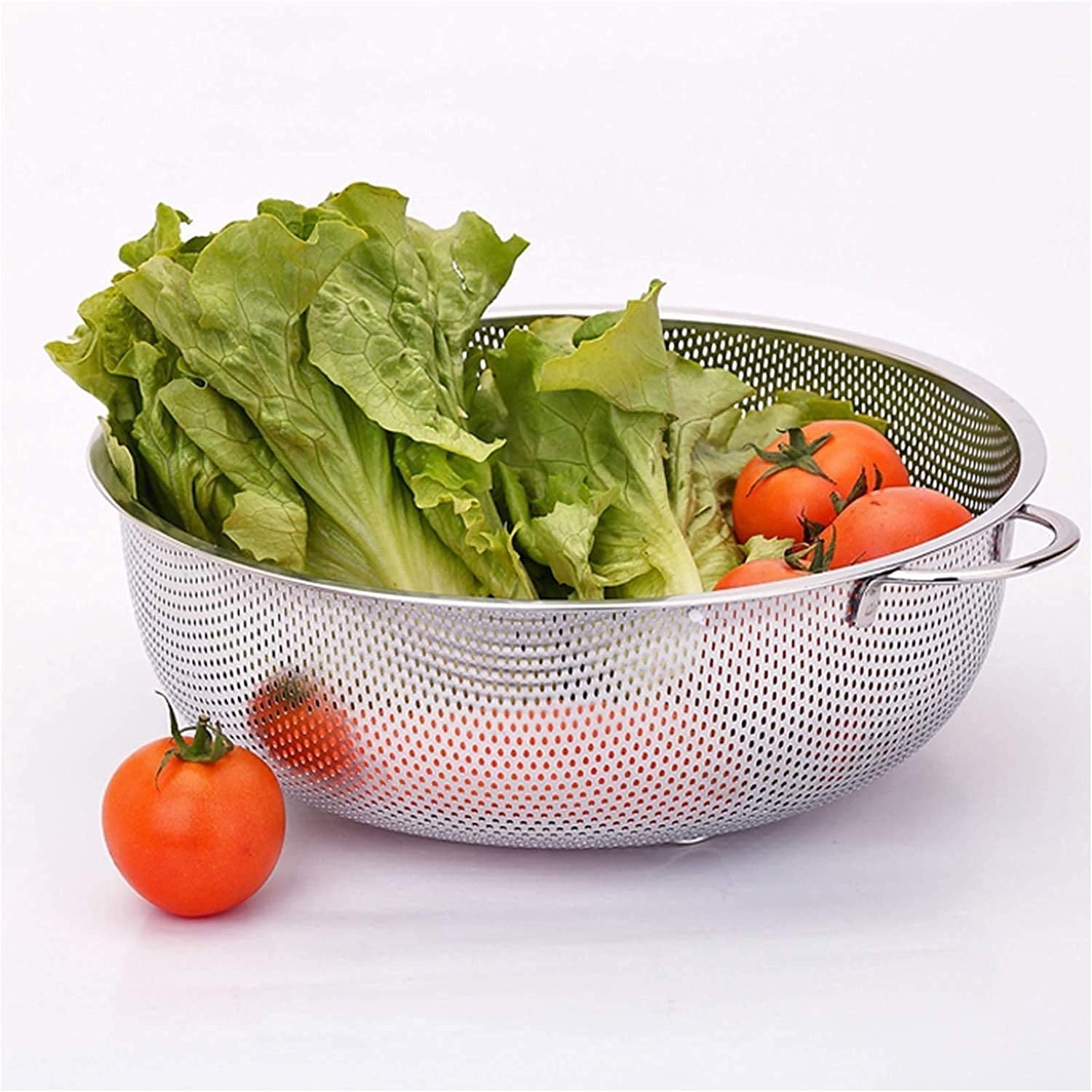 Side view of the durable stainless steel colander, highlighting its sturdy design.
