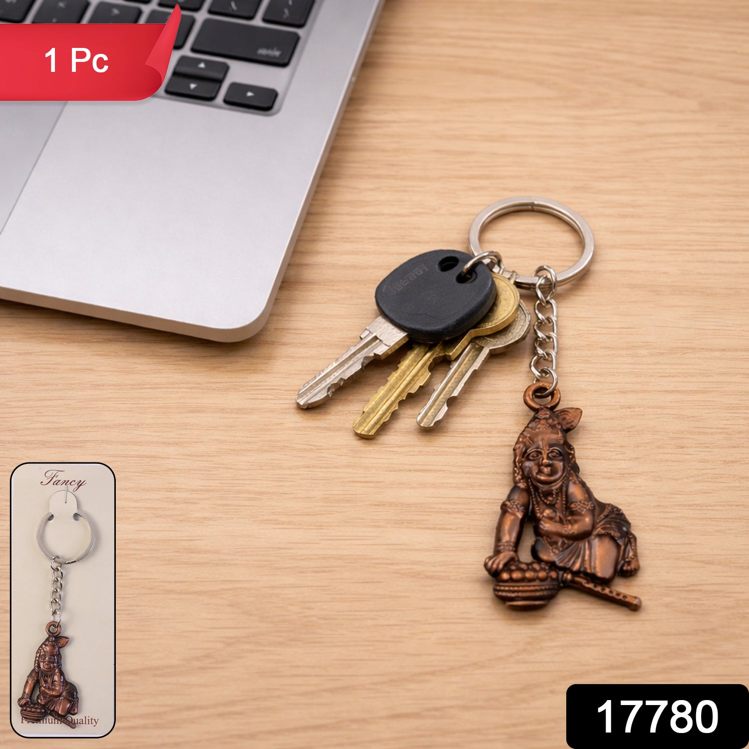 Close-up of the divine Bal Krishna butter stealing idol on keychain