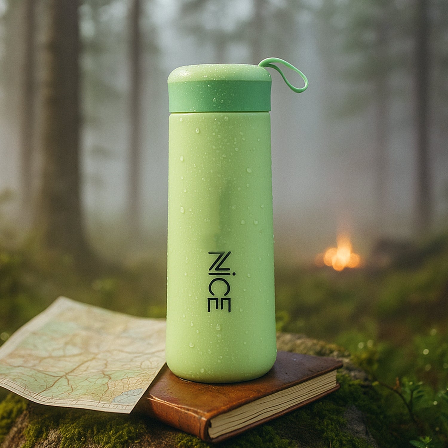 Close-up of green plastic flask with secure screw lid to prevent leaks