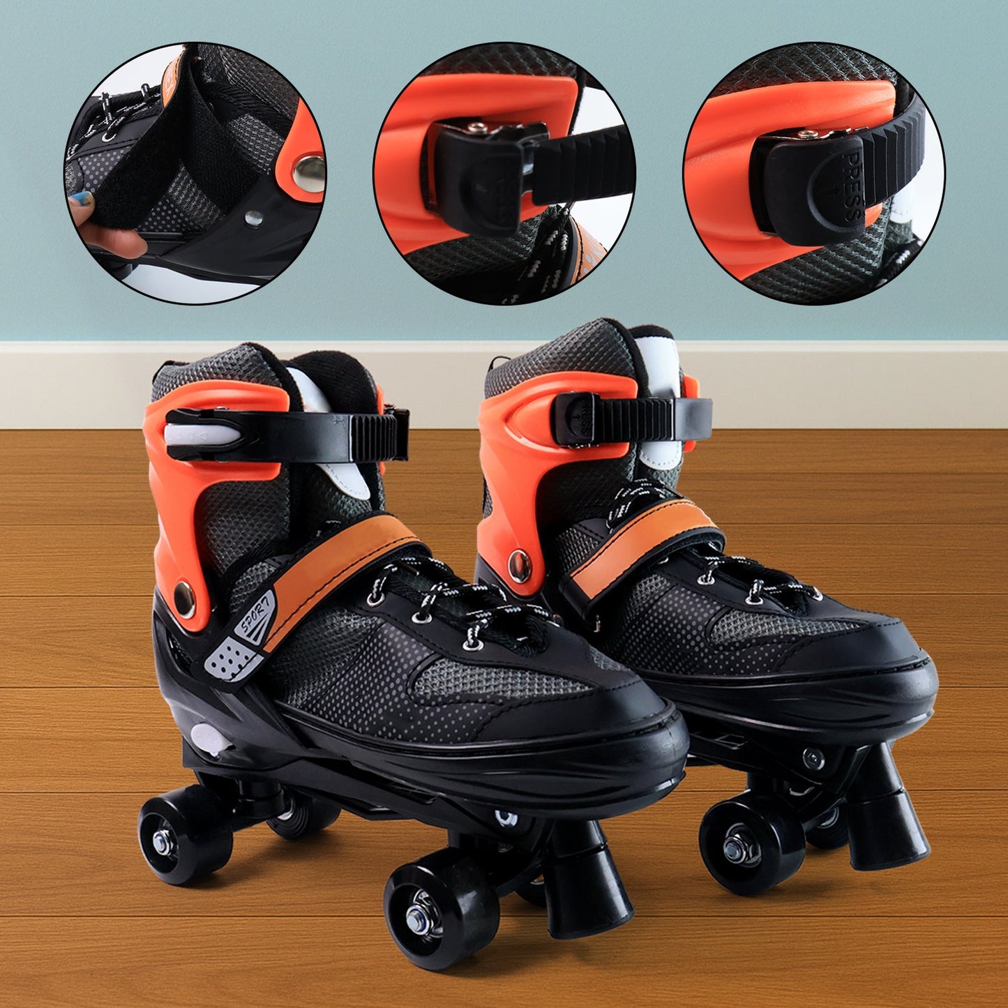 Top view of adjustable quad roller skates for kids showing mesh and closure system
