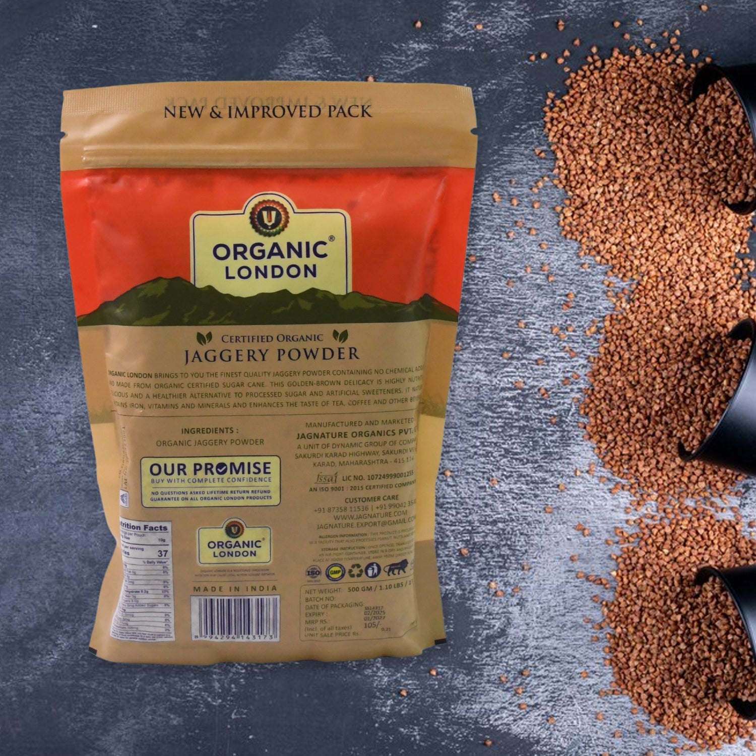 Raw organic jaggery powder placed in natural rustic setting