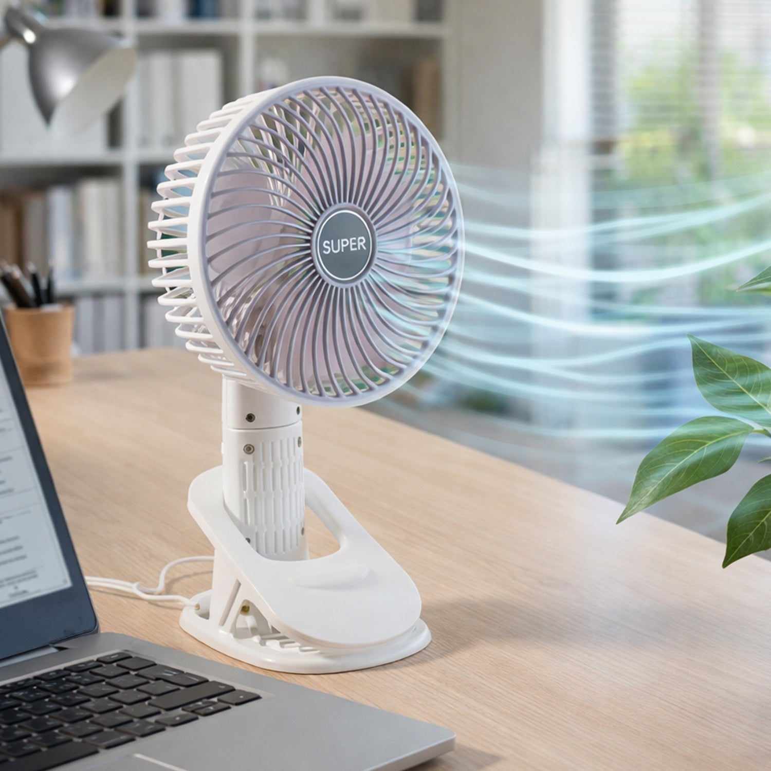 Compact portable USB fan with multifunctional stand for desktop and handheld use