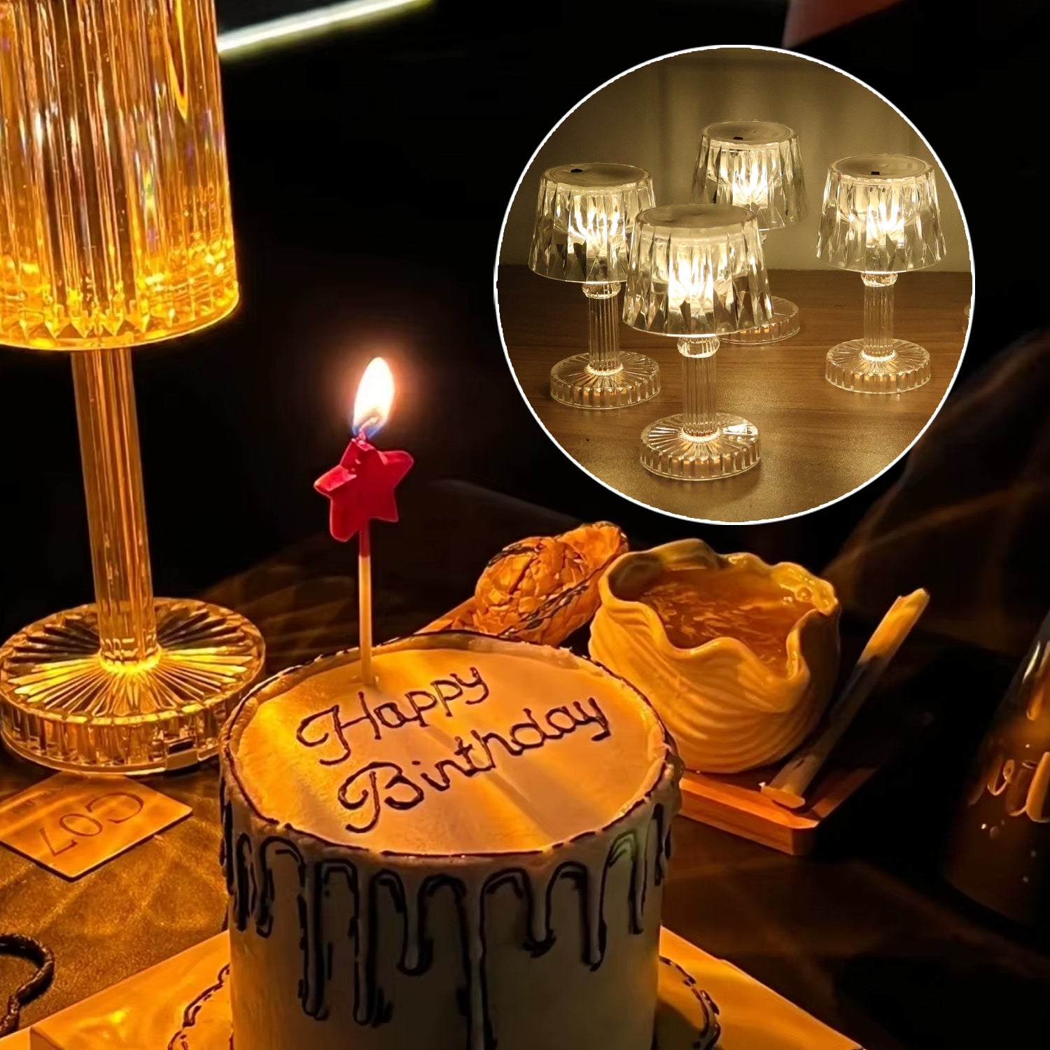 Battery operated LED mini table lamps arranged as wedding table centrepieces for ambient lighting.