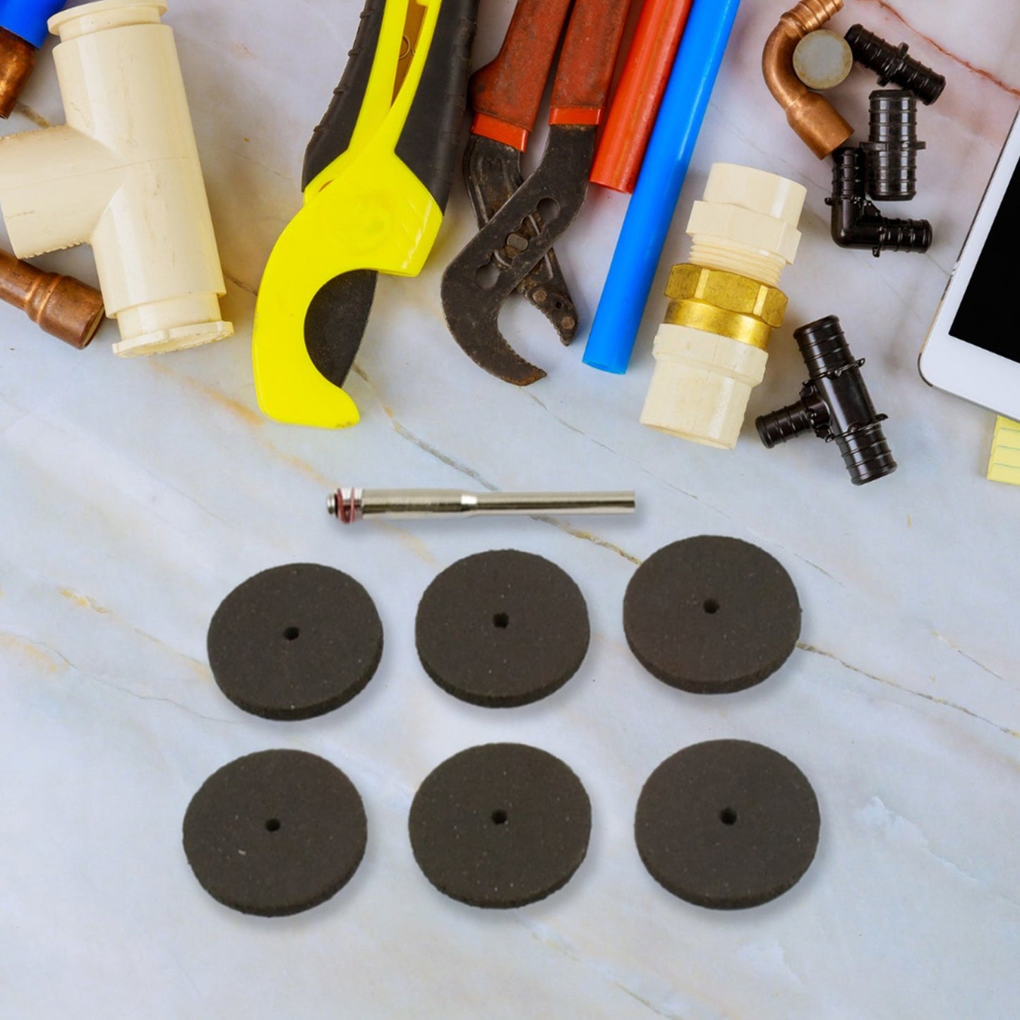 Close-up of mini resin cut-off wheels designed for precision cutting tasks.