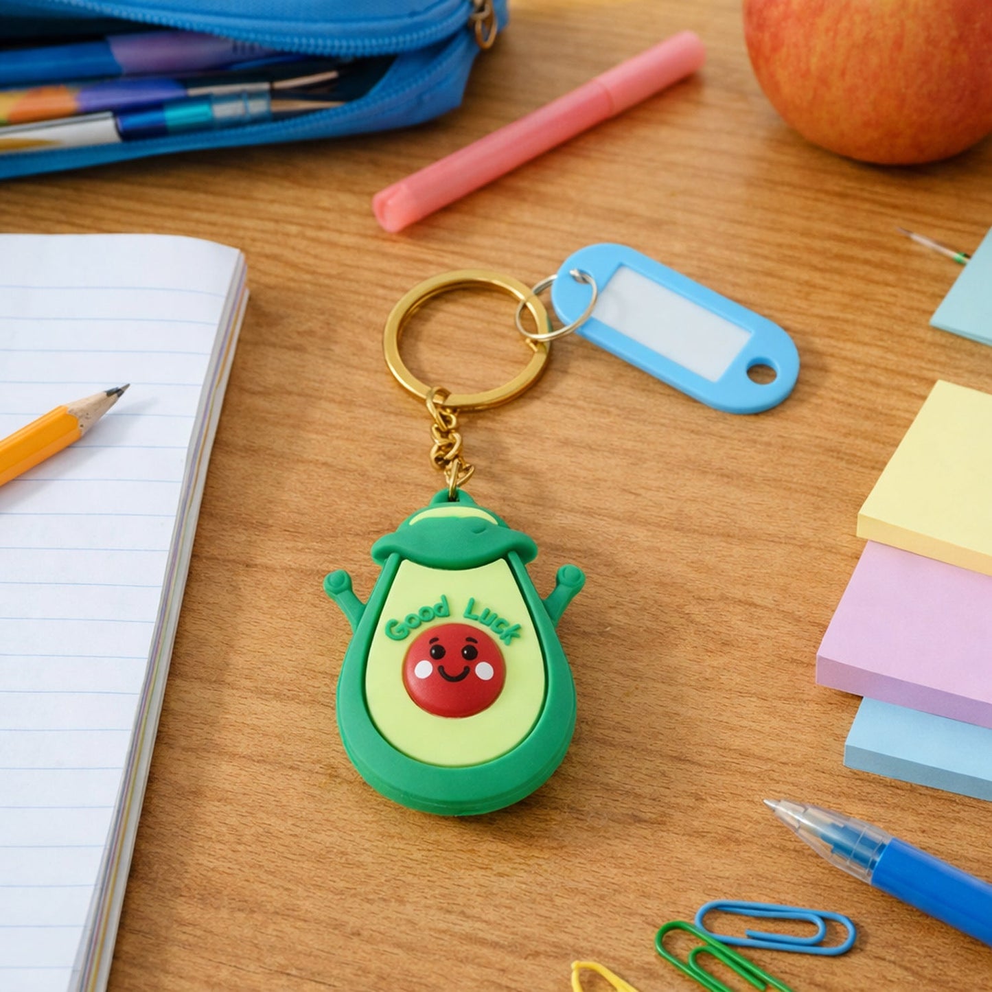 Avocado keychain with cartoon design and ID tag attached