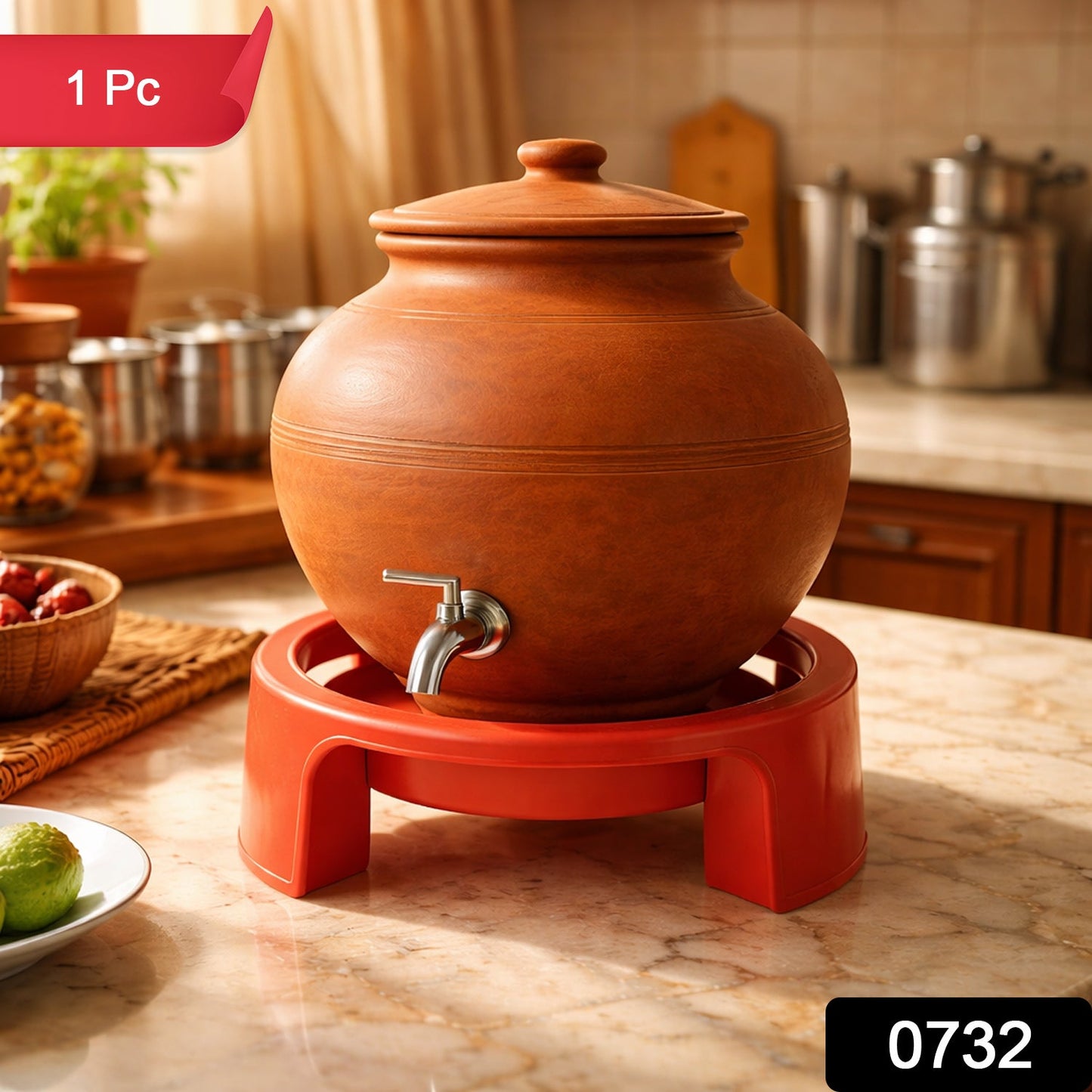 Black Matka Stand holding a traditional clay water pot, demonstrating its stable support.
