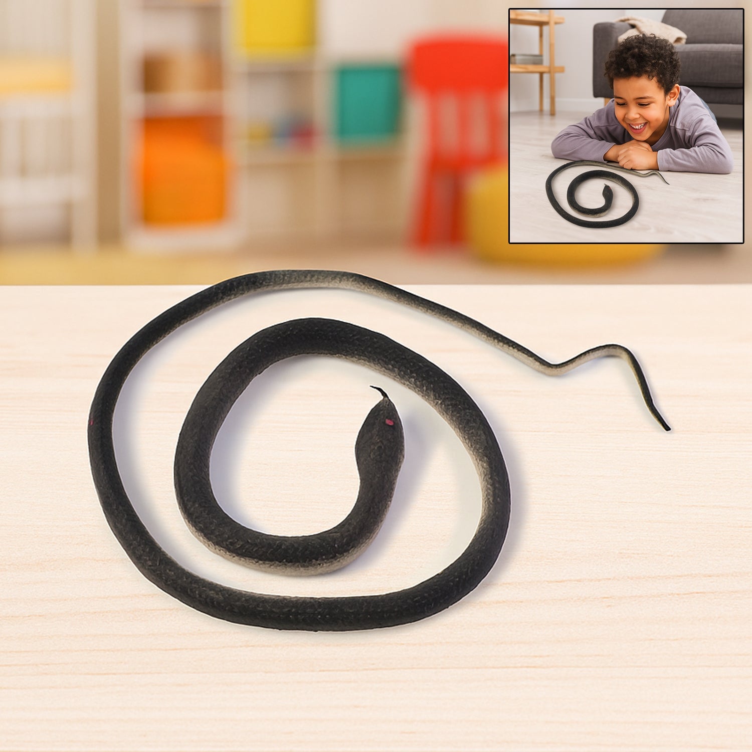 Realistic rubber snake toy showing lifelike scales and flexible body