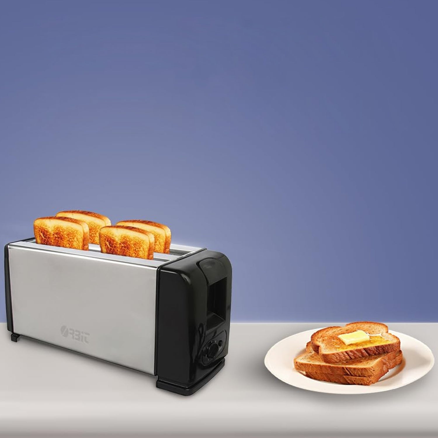 Front view of stainless steel Orbit 1200W 4-slice pop-up toaster